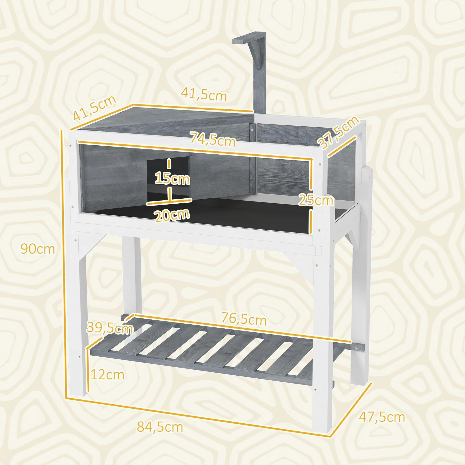 PawHut Casa per tartarughe su piedini a 2 zone - terrario per tartarughe terrestri con tetto apribile e zona interattiva - recinto 90 cm, supporto lampada, vista panoramica e ripiano - grigio