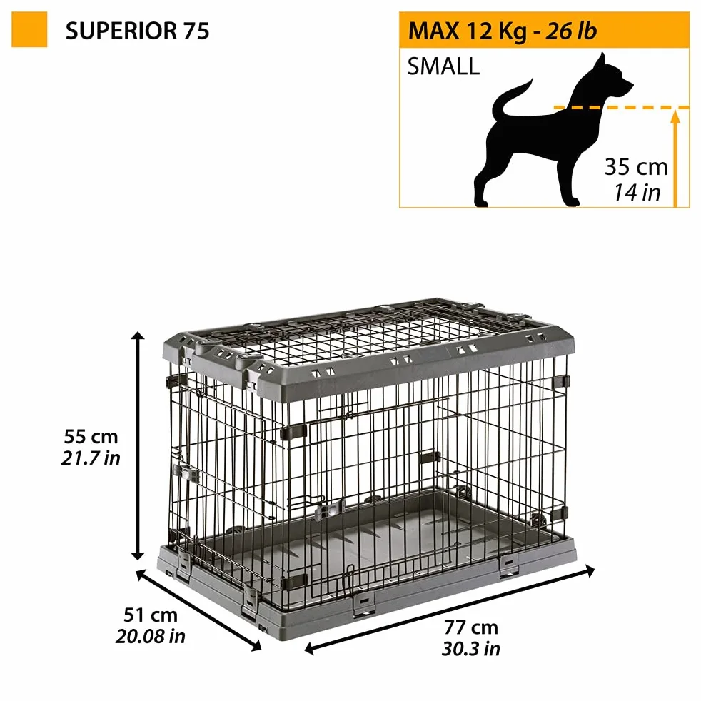 Ferplast Gabbia Cane in Metallo Gabbia Pieghevole per Cani Piccoli SUPERIOR 75 Recinto in metallo, con Separatore, Doppia serratura, 77 x 51 x h 55 cm.