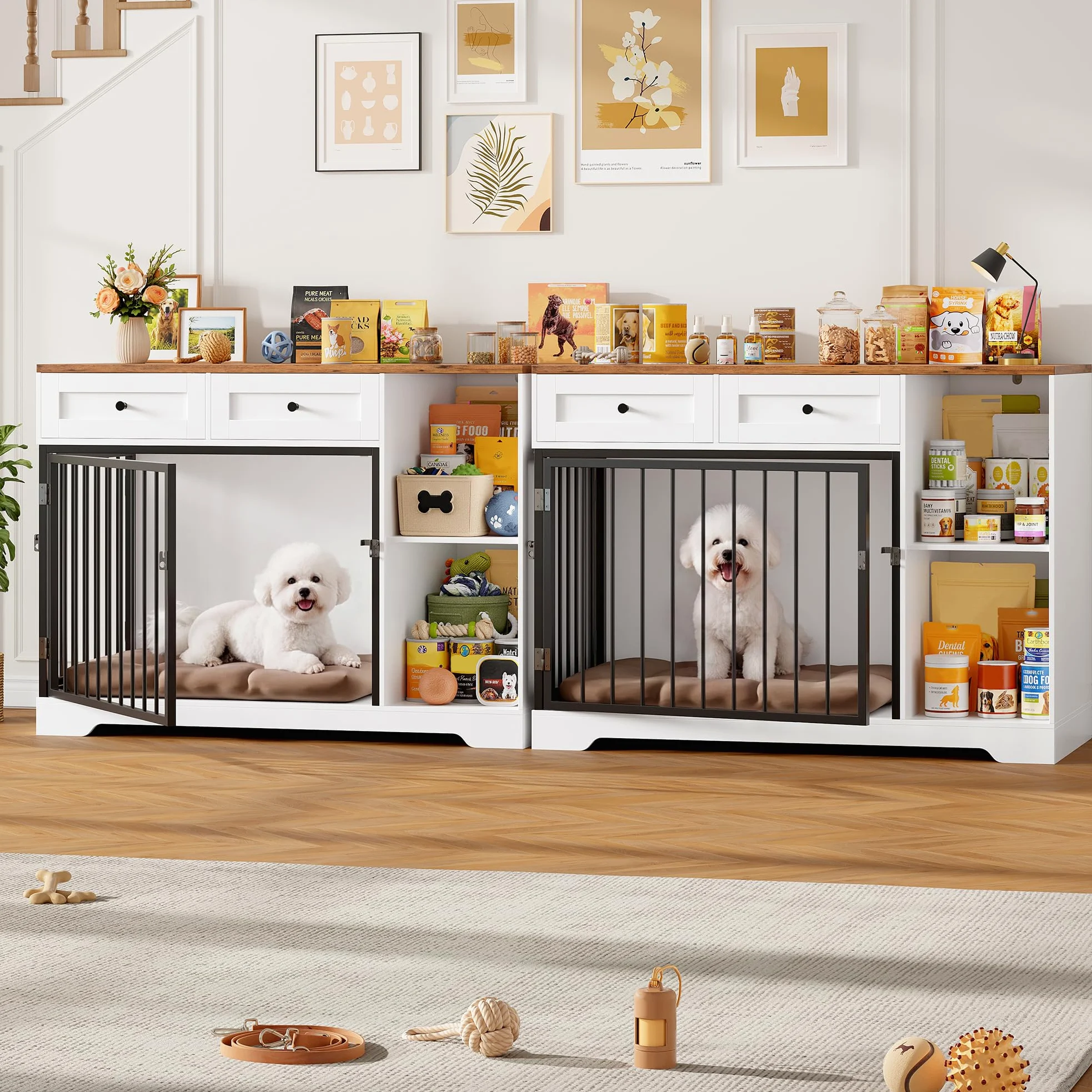 FirFurd 120cm Gabbia per Cani con 2 Porte, Kennel Cane Medio con 2 Cassetti e 2 Scomparti Aperti, Cuccia in Stile Mobili con Stoccaggio in Metallo e Legno, 120x60x87 cm (Bianco+Marrone)