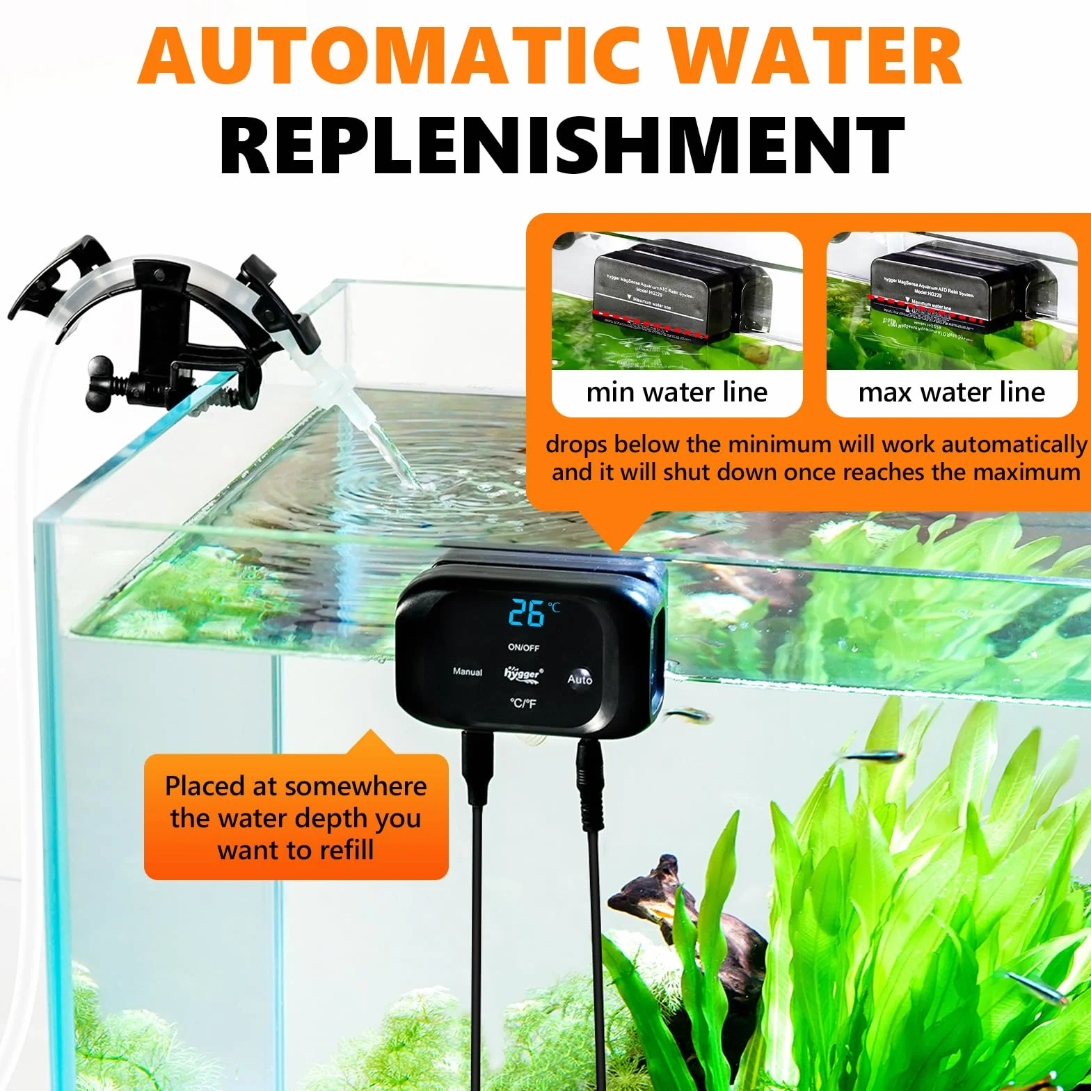 hygger ATO Sistema di Riempimento Automatico Acquario, Osmolatore Acquario ATO Sistema di Riempimento Automatico con Pompa, Aquarium Refill Automatic Water Level Controller