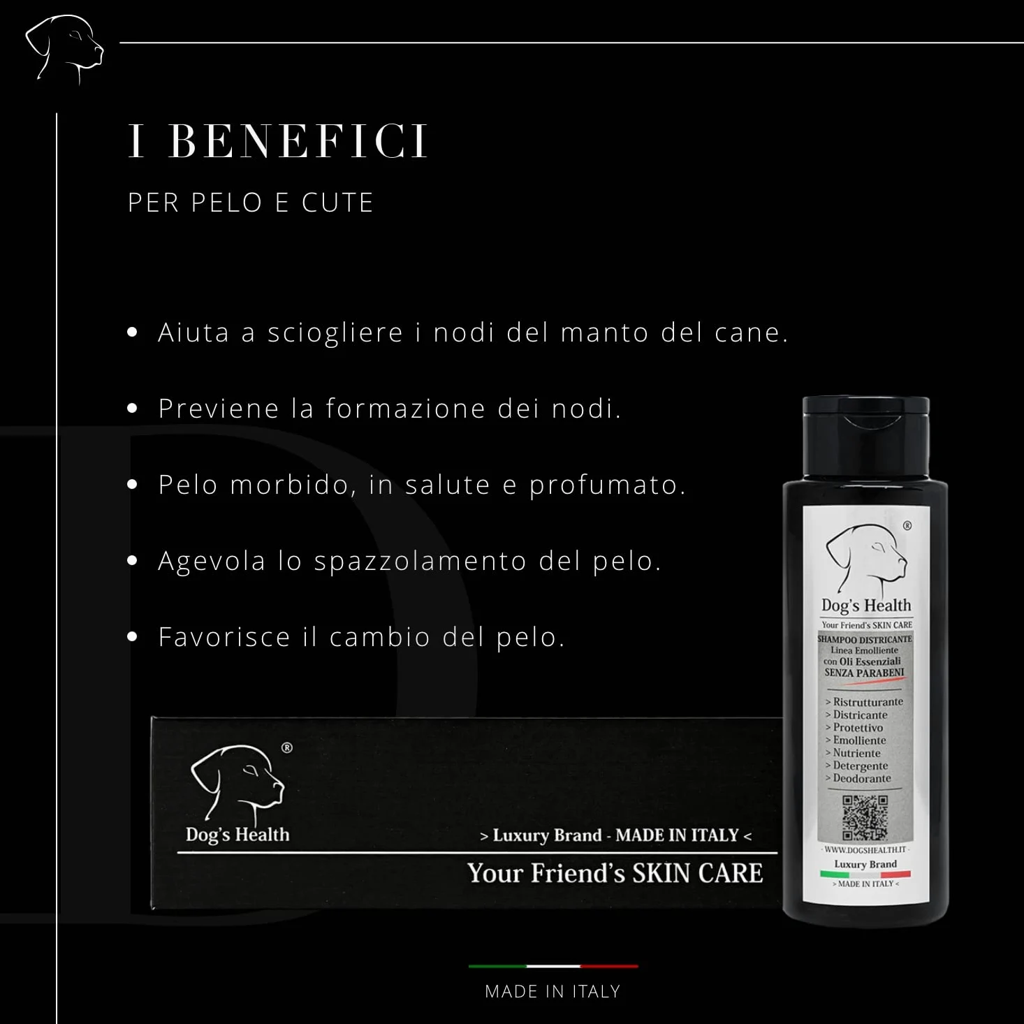 Dog's Health – shampoo per cani 500ml - shampoo Districare pelo cane - Sciogli Nodi pelo cane. shampoo per cani pelo lungo e pelo corto, Con olio di Argan, di Neem e Aloe Vera. senza OGM