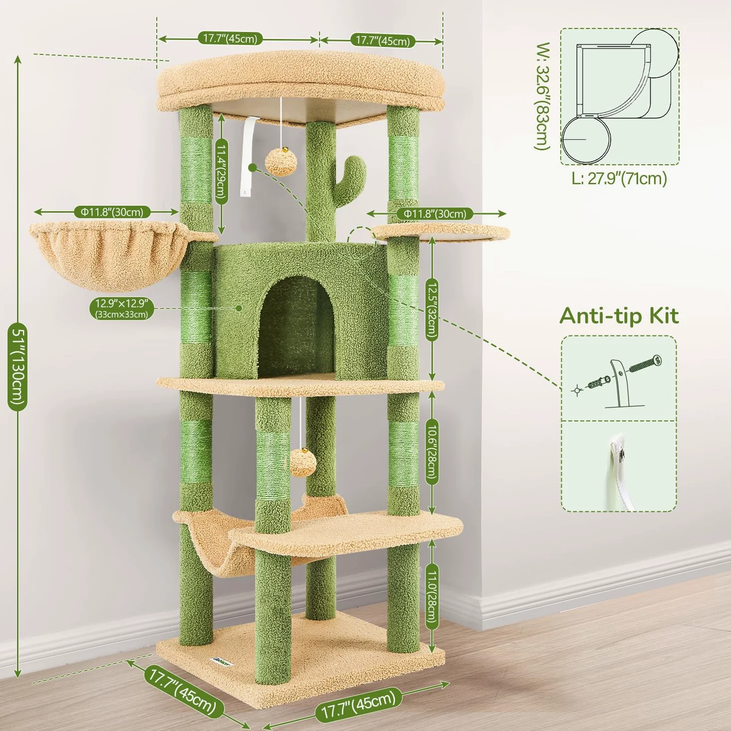 Globlazer Albero Tiragraffi ad Angolo Cactus Verde, Tiragraffi per Gatti Spigolo Alto 130 cm con Grandi Piattaforma, Curva Grotte, Amaca, Cesto, Torre per Gatto per 2-4 Gatti Adulti (C51, Verde)