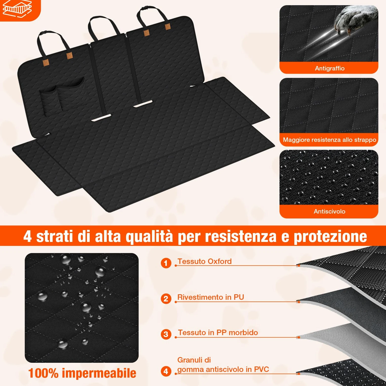 Coprisedile Auto per Aani Sedile Posteriore Dell'Auto, Antiscivolo, Impermeabile, 136 x 45 cm, Antigraffio, con Isofix, Compatibile con La Maggior Parte Delle Auto, SUV e Camion (Nero)