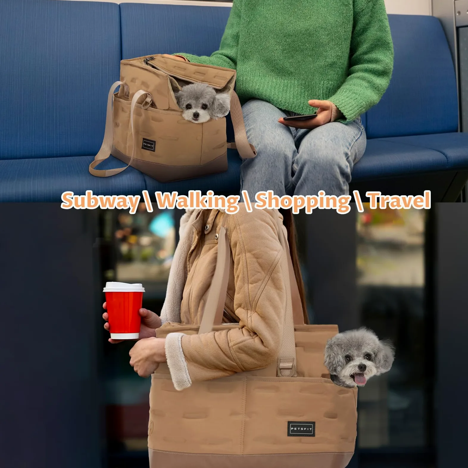 Petsfit Borsa per cani, guinzaglio di sicurezza regolabile, trasportino per animali domestici portatile, con tasche, fondo in TPU impermeabile, cachi