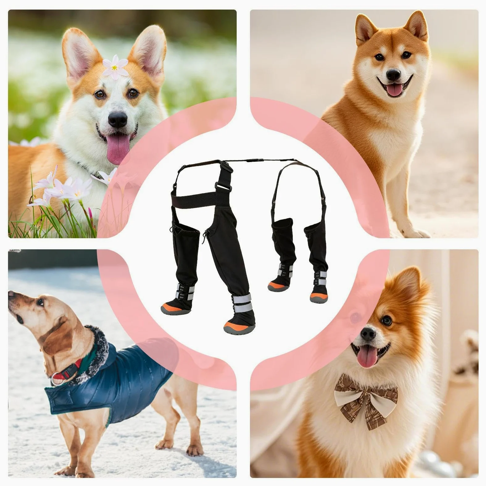 Stivaletti Regolabili per Cani Impermeabile Antiscivolo Protettivo | Gambali Regolabili Antiscivolo con Fascia Riflettente per Pioggia Neve Inverno Cani Cuccioli