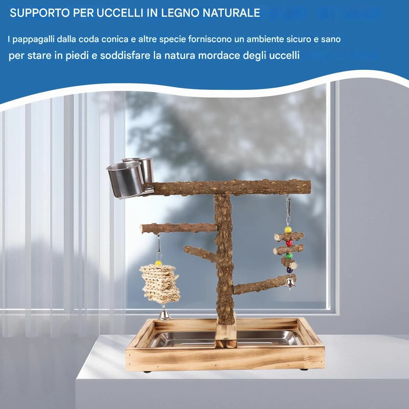 PARROT STAND - Play Parco Per Uccelli In Legno | Partet Play Stand Con Coppa Di Alimentazione, Pesce Per Pescelatura Per Uccelli, Giocattoli Da Gioco Da Ginnastica Per Palestra Per Palette Da Masticaz