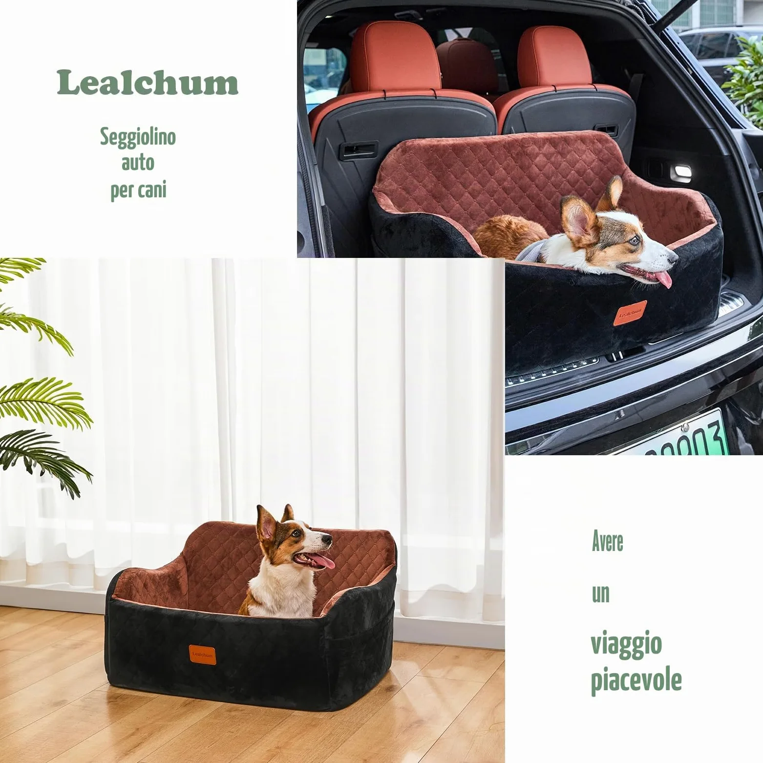 Seggiolino auto Lealchum per cani media/grande, 2 guinzagli sicurezza, 2 cani piccoli, rimovibile e lavabile