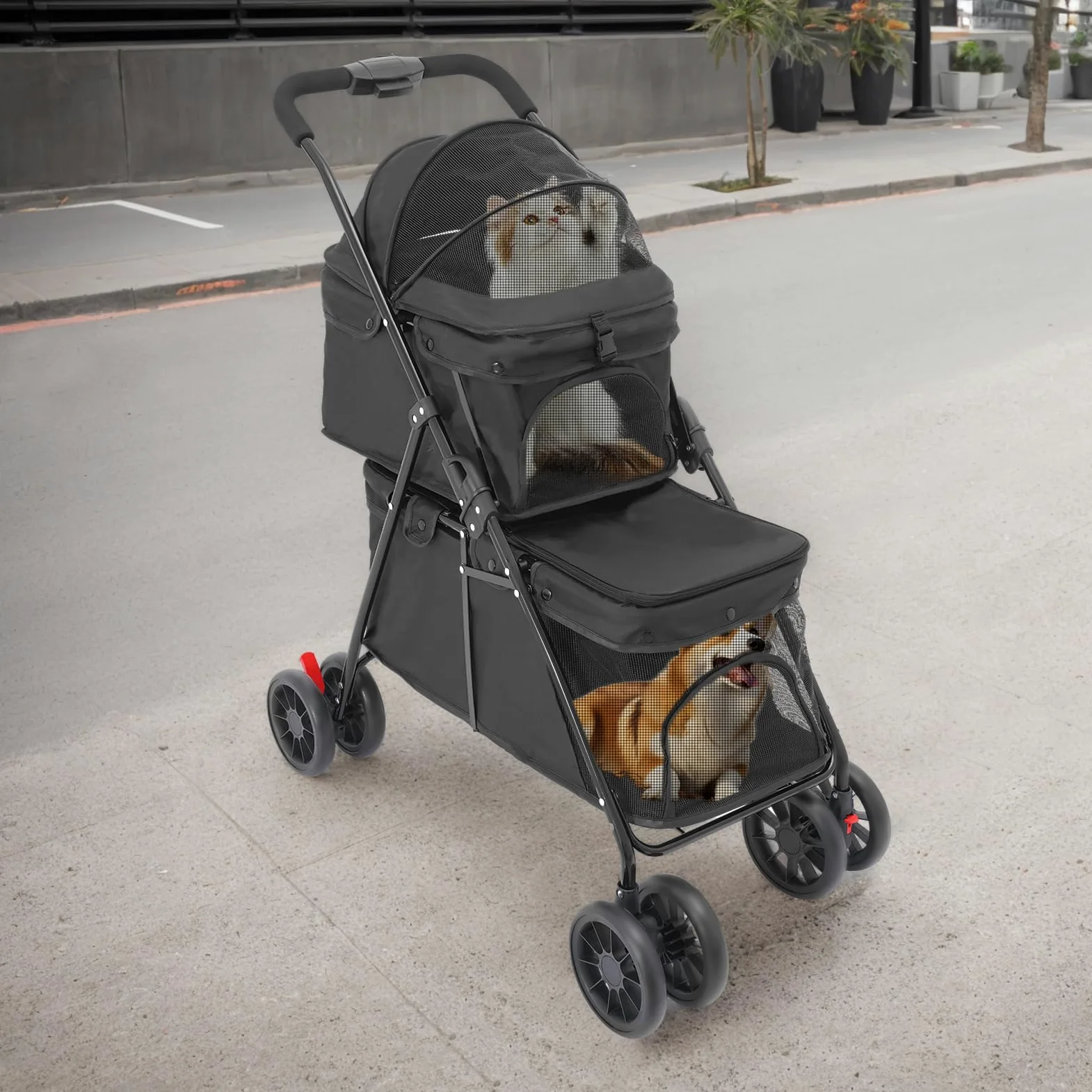 Passeggino pieghevole per cani, 2 ripiani, per cani e gatti, con custodia e cinture di sicurezza, per cani e gatti (nero)
