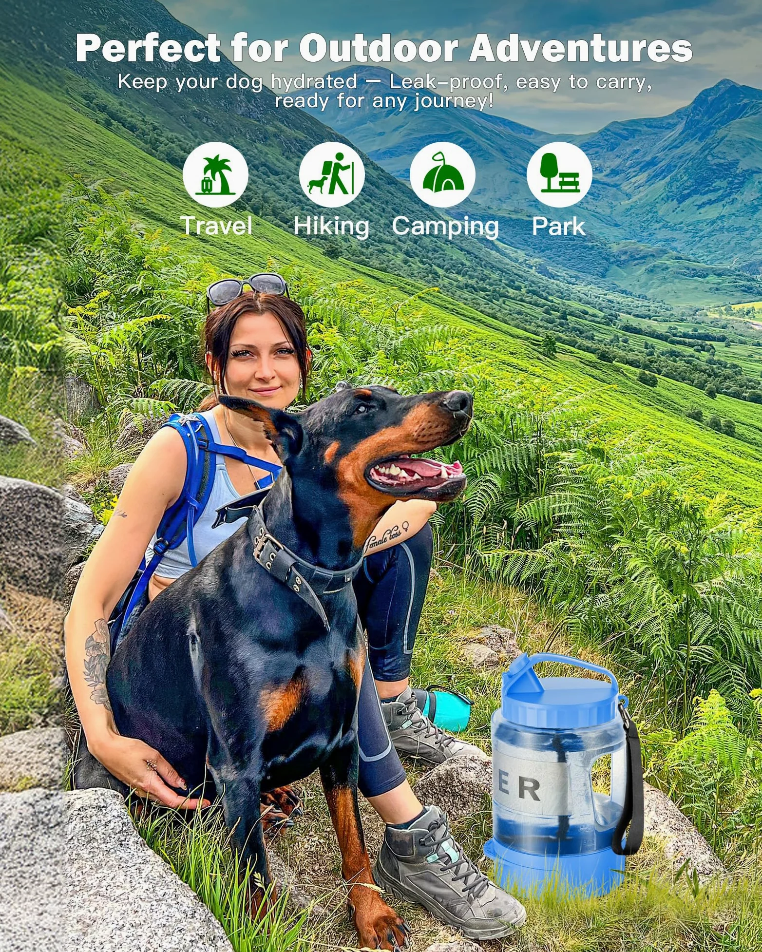SwSun Grande borraccia portatile per cani, dispenser d'acqua da viaggio per cani, con ciotola estraibile, ideale per escursioni, campeggio, parchi per cani, a prova di perdite, senza BPA, per cani di