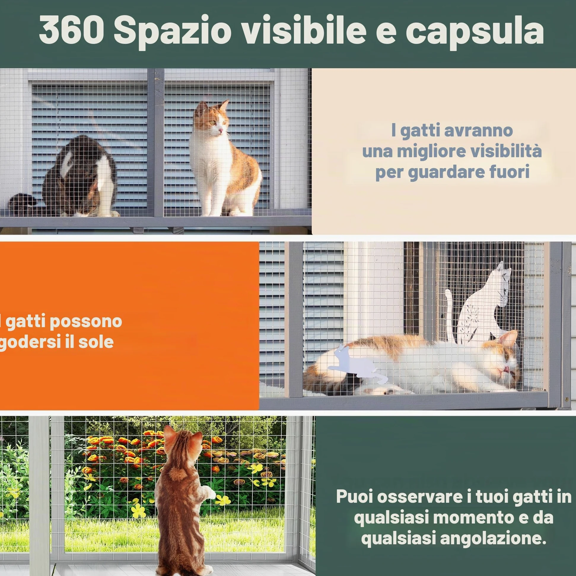 Catio - Finestra per gatti da esterni, in legno, resistente alle intemperie, con rete metallica zincata e tetto in PVC, grande piattaforma di osservazione per gatti, stabile a parete (grigio scuro)