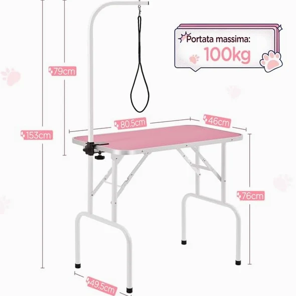 Yaheetech Tavolo da Toelettatura Cani Tosatura per Cani Gatti Animali Pieghevole con Laccio Portata 100 kg Rosa