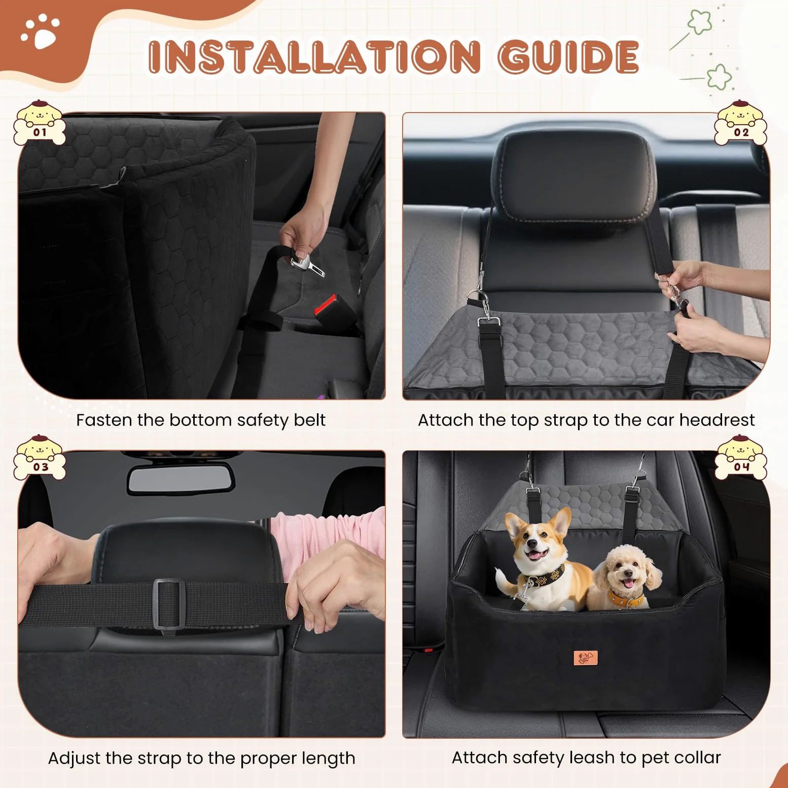 Seggiolino Auto per Cani 78x55x53cm, Rialzo Rimovibile e Lavabile per Cani di Taglia Media e Grande, Guinzaglio Incluso, Seggiolino Cane Auto più Pesanti (con Rivestimento in Pelle Impermeabile)