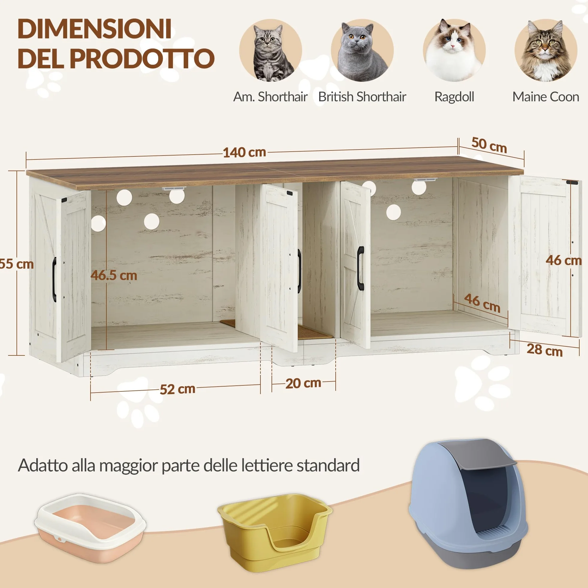 Mobile Lettiera per Gatti per 2 Gatti, Mobiletto per Lettiera Nascosta, Cuccia per Gatto da Interno, Legno Tavolino Laterale con Tappetino Graffiante, 140 x 50 x 55 cm, Marrone e Bianco