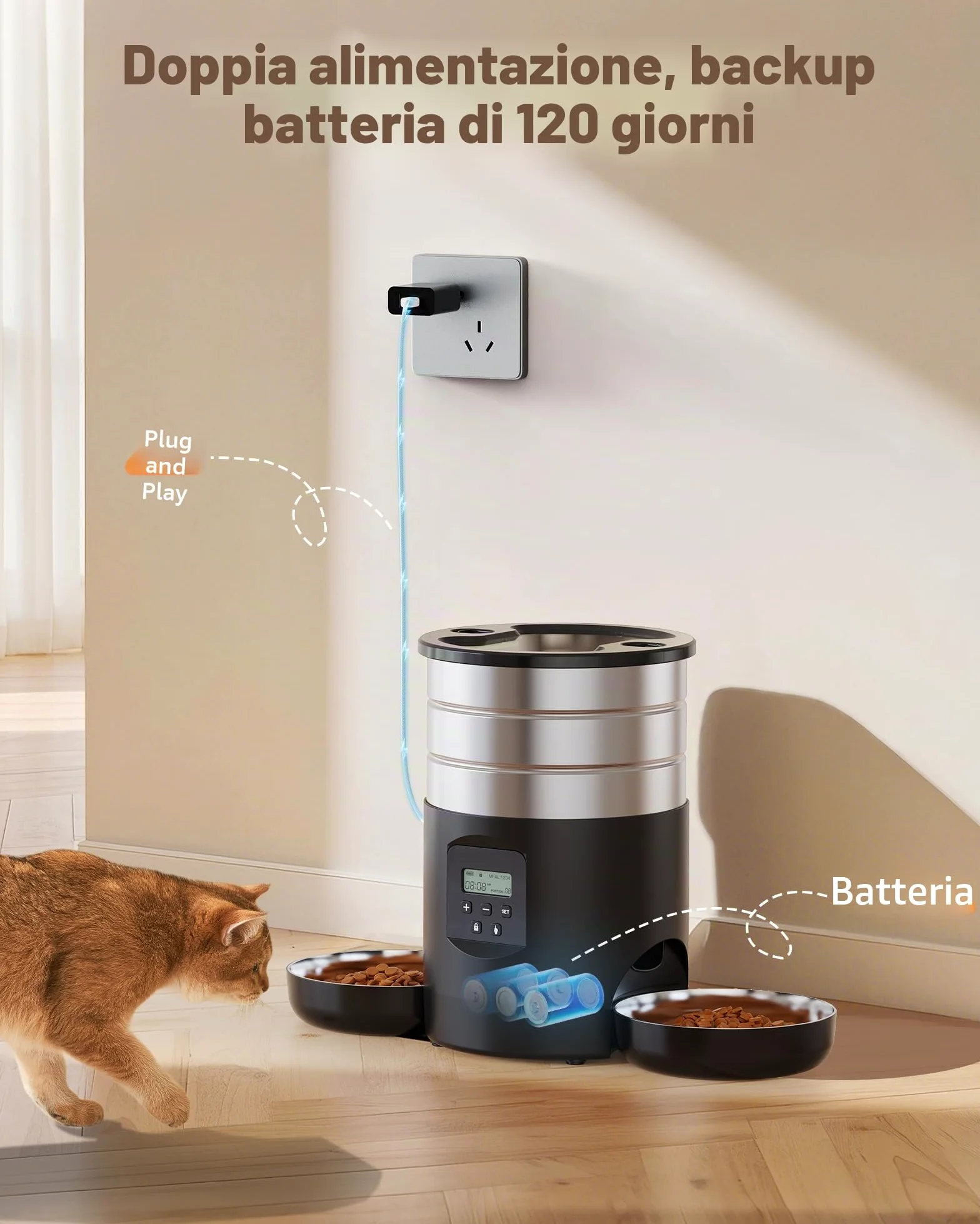 Distributore Automatico Cibo Gatti Doppio: Dispenser Crocchette Gatto Acciai Inossidabili - Erogatore Cibo Cani con Timer Programmabile - 5L Dosatore Crocchette - Mangiatoia Automatica con 2 Ciotola