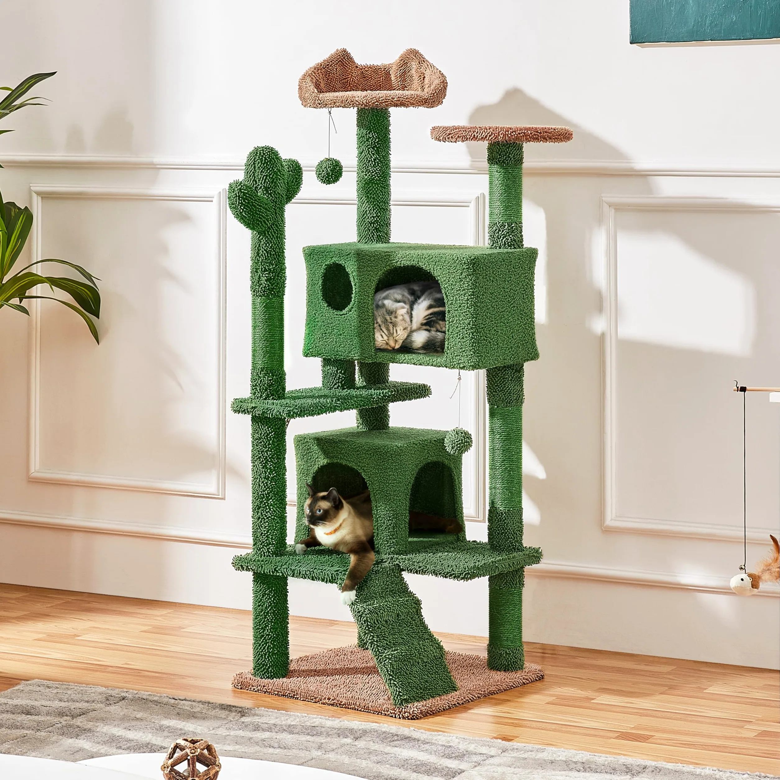 Yaheetech Albero Tiragraffi per Gatti a Forma di Cactus Condominio Palla Gioco in Truciolato e Corda di Sisal 48,5 cm × 48,5 cm × 138 cm