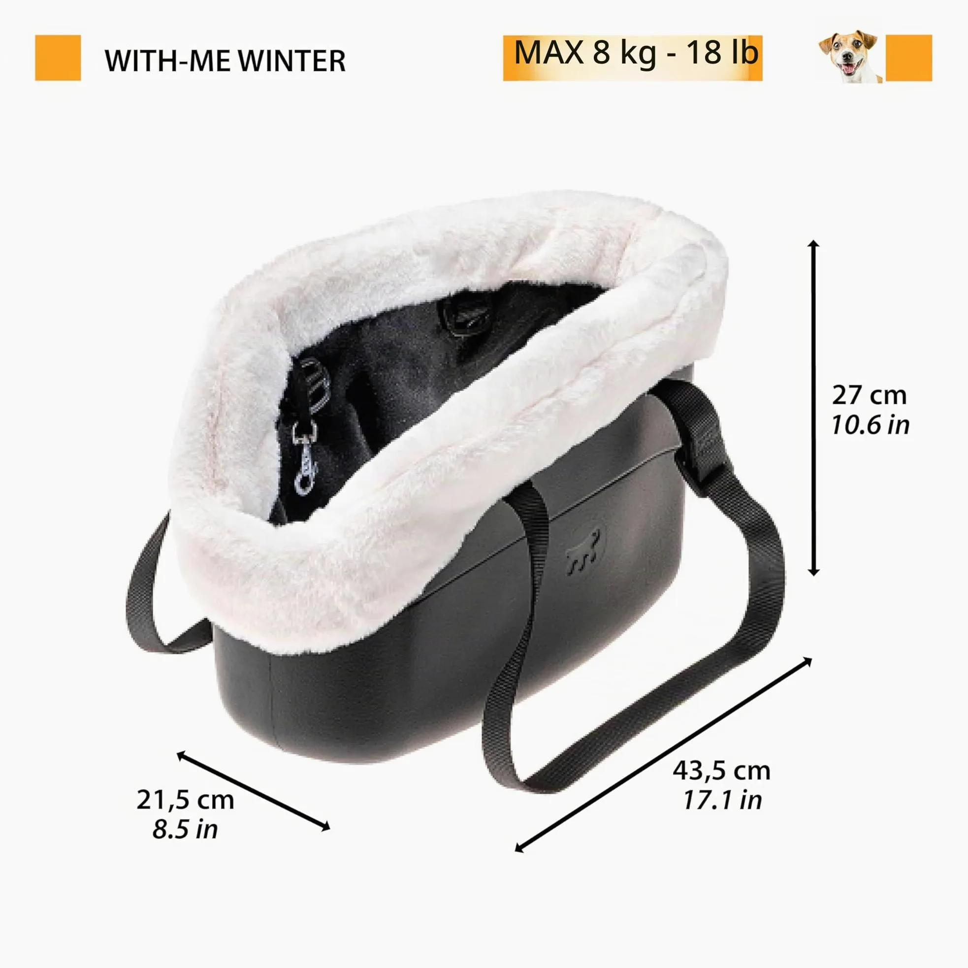 Ferplast Borsa per Cani Gatti fino a 8 Kg. Plastica Gommata Impermeabile e Lavabile, Imbottito con Caldo Peluche, Manici Regolabili, Cinghia di sicurezza, 43,5 x 21,5 x h 27 cm. Nero