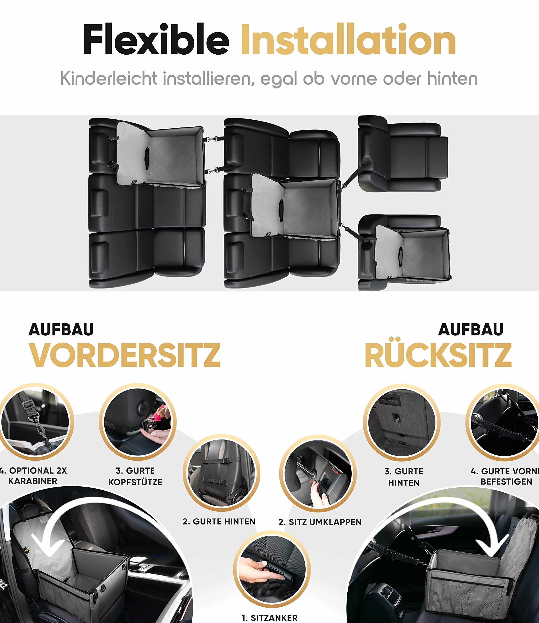 Heldenwerk Seggiolino auto per cani extra robusto Pareti rinforzate e 5 cinghie impermeabile sedile posteriore anteriore grigio misura