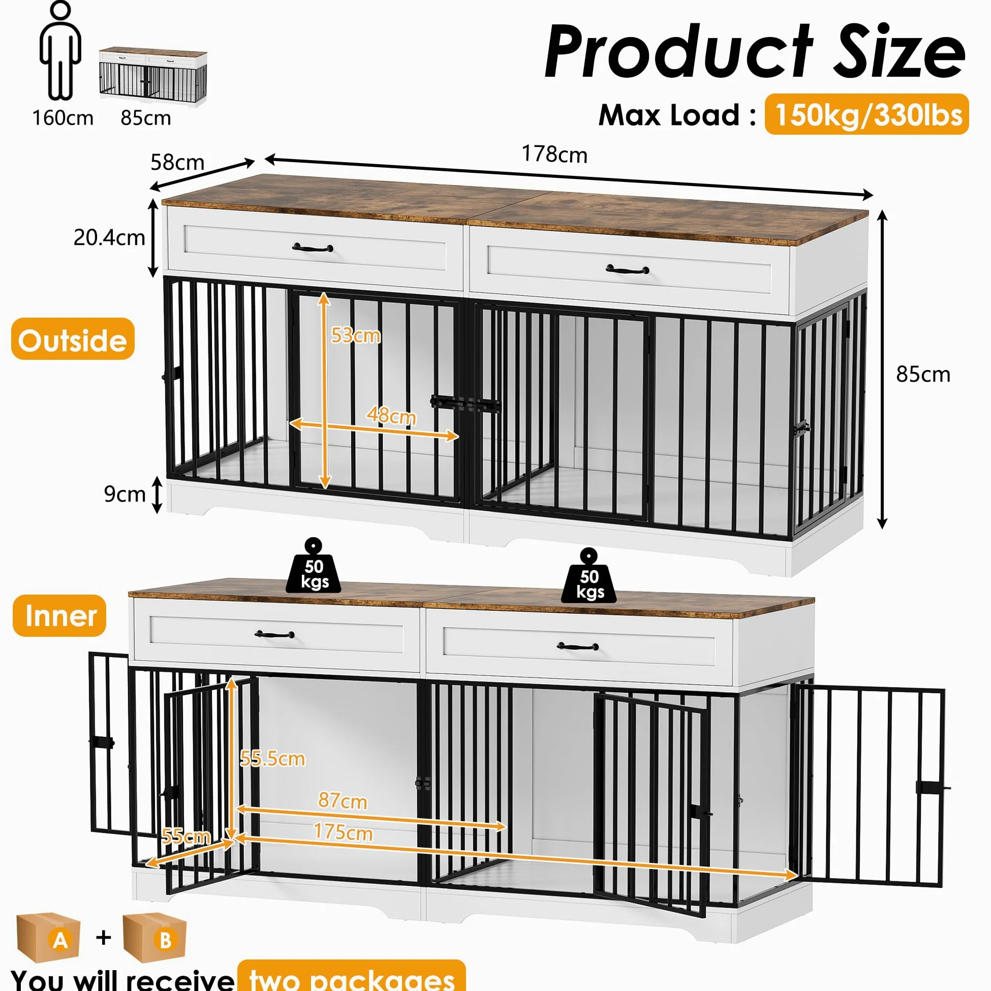 Gabbia per Cani Kennel, Casetta per Cani da Interno, 178CM Gabbietta per Animali in Legno e Metallo, XXL Cuccia Robusta per Dog con Divisorio & 2 Cassetti,Casetta per Animali,4 Porte,Fino a 100KG