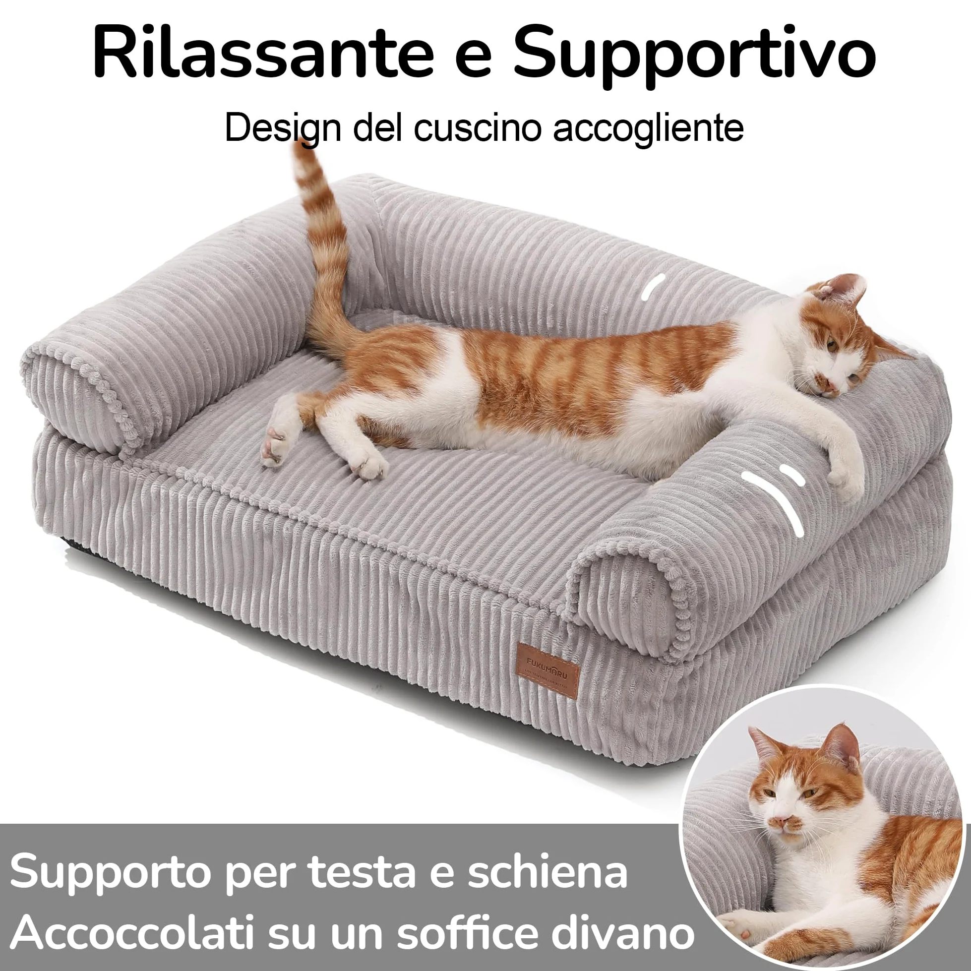 FUKUMARU Cuccia Gatto Interno,Tessuto Sfoderabile e Lavabile in Velluto a Coste, Letto per Gatti Ergonomico con Sostegno Integrato, Divano per Cani di Media Taglia, Base Antiscivolo, 72x52x22 cm