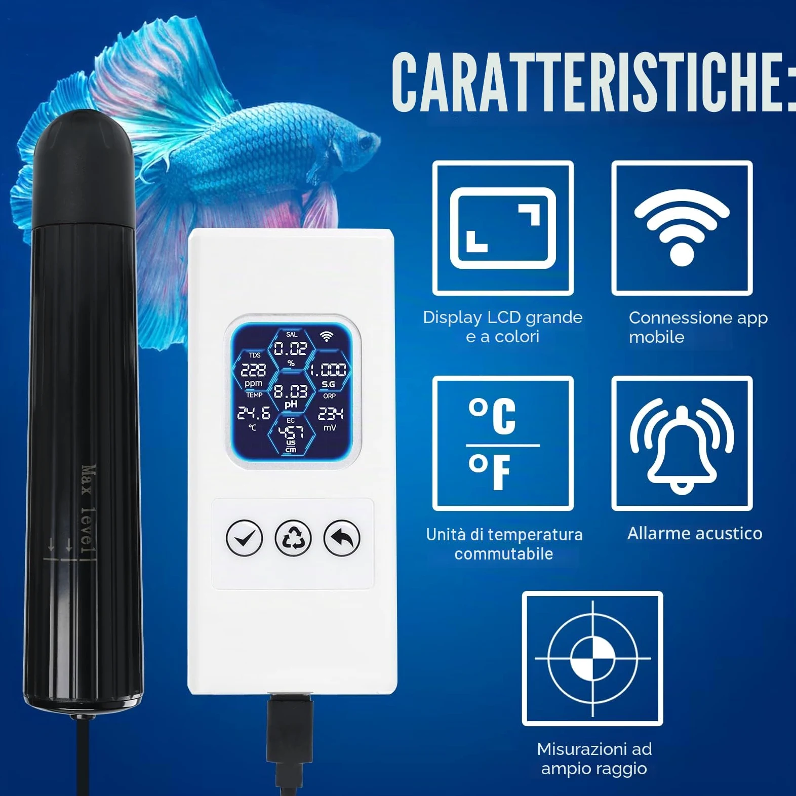 TEKCOPLUS Monitore di qualità dell'acqua 7 in 1 senza fili WiFi – pH/ORP/TDS/EC/Salinità/SG/Temp, App Tuya, avvisi in tempo reale, display a colori ATC per acquario, acqua dolce e acqua salata