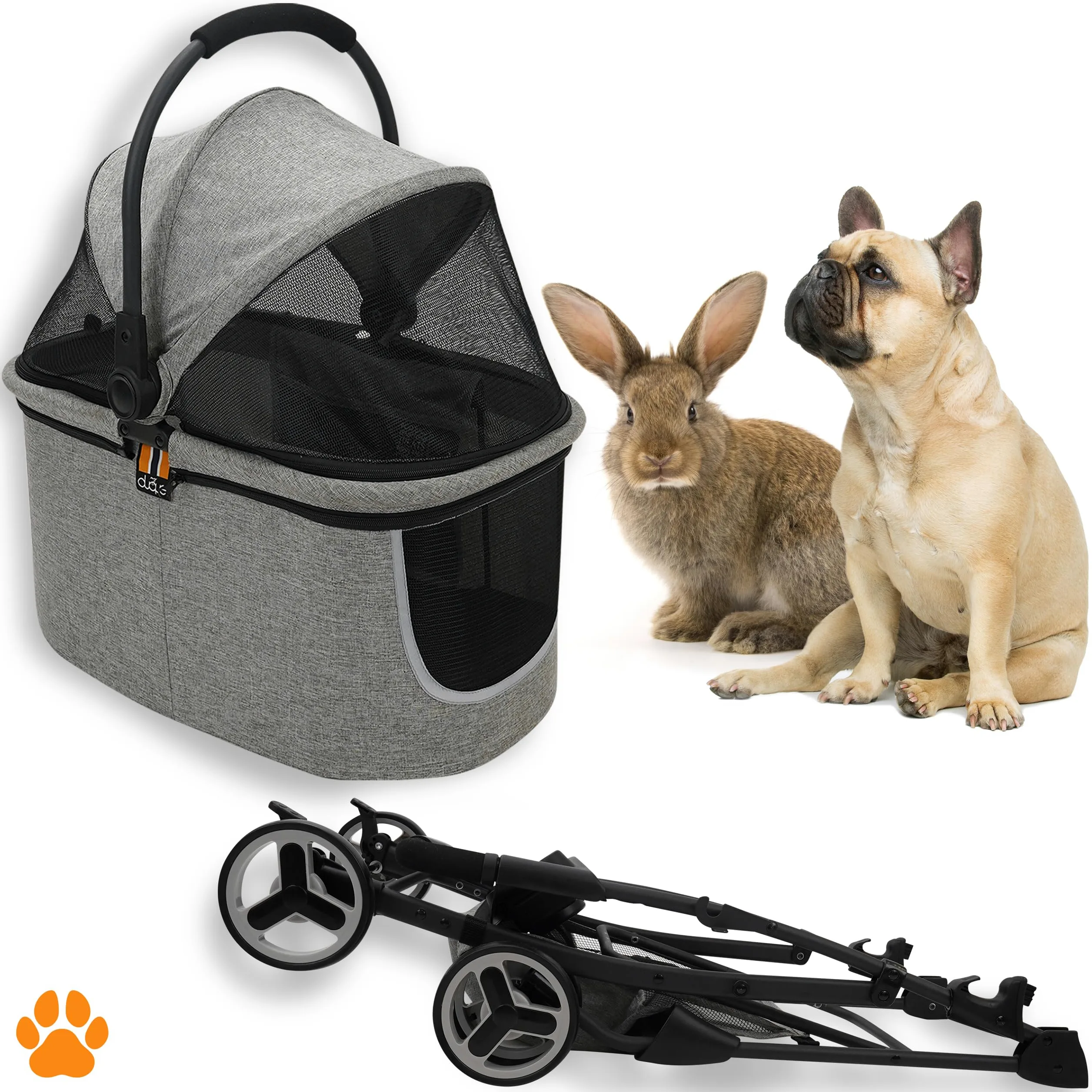 Mod. CECE 2 in 1 - Passeggino per animali, con cestino per spesa o accessori, pieghevole con una mano, utilizzabile col telaio della carrozzina o staccabile come trasportino, grigio melange
