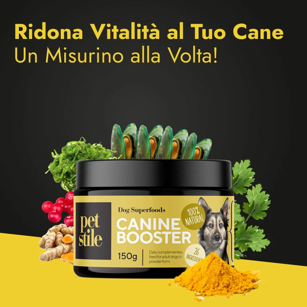 Canine Booster – Integratore per Cani Adulti con Cozza Verde, Curcuma e Probiotici per Articolazioni, Digestione, Pelle, Pelo e Sistema Immunitario (1x 150 g)