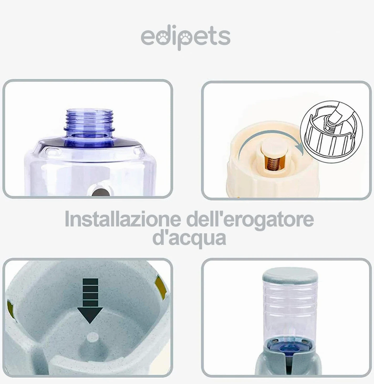 Edipets, Dispenser Cibo Gatti, Cani, Automatico, 2 Unità, 3.8L, Dispenser di Crocchette e Acqua per Animali Domestici (Grigio)