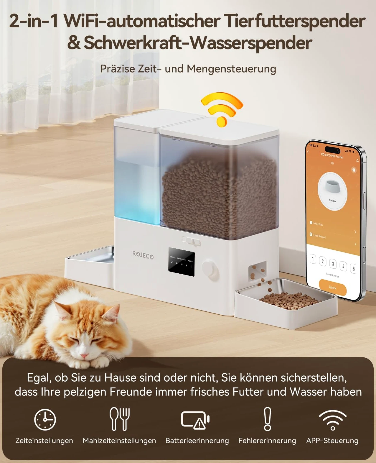 ROJECO Distributore Cibo Gatti Automatico 2-in-1 con Wi-Fi APP, 5L Crocchette + 3.5L Acqua a Gravità, Mangiatoia e Abbeveratoio per Gatti