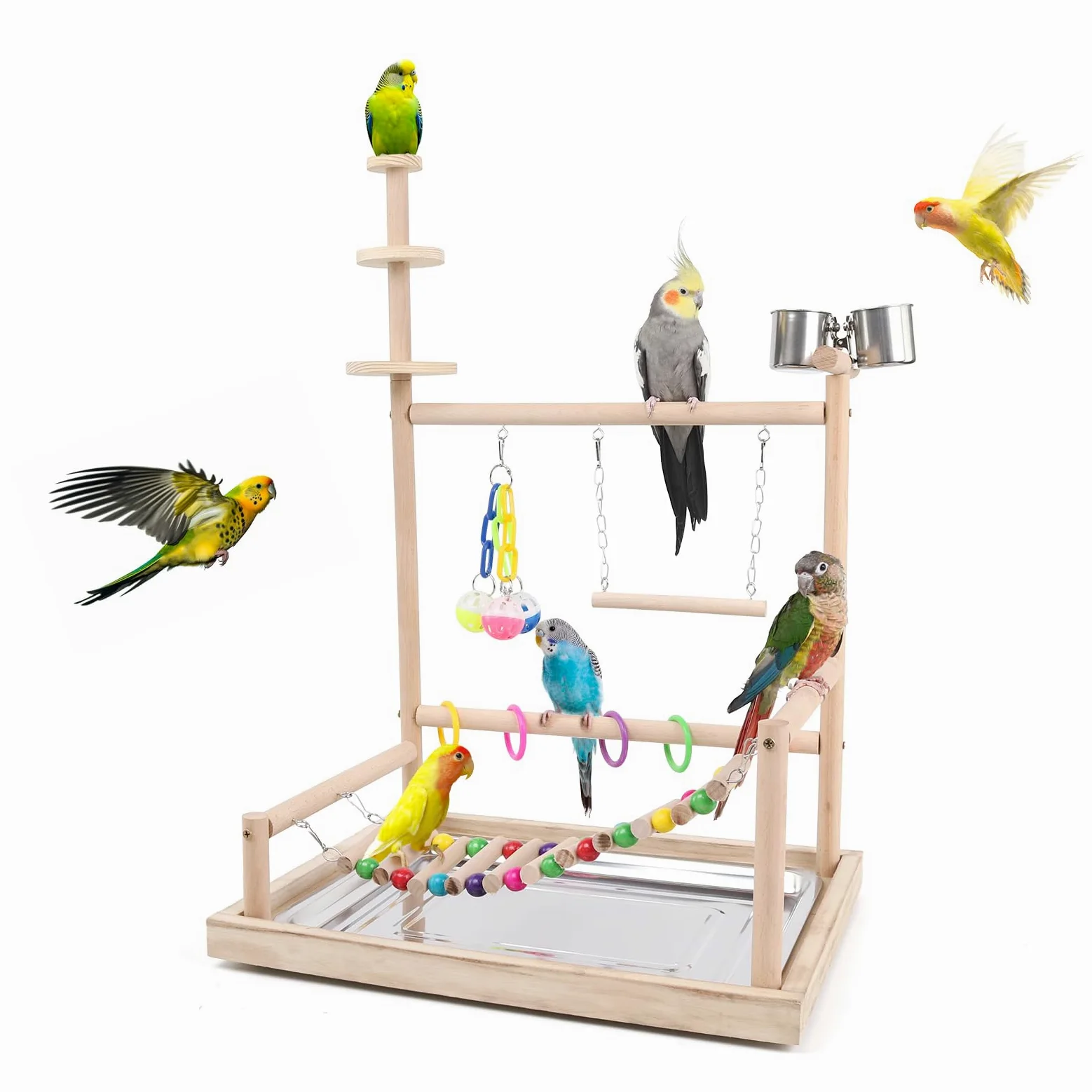 Leggio per uccelli in legno, robusto, stabile e sicuro, per pappagalli, per parrocchetti, conuri grigi africani, calopsitte, cacatua, pappagalli e fringuelli, facile da montare, include giocattoli