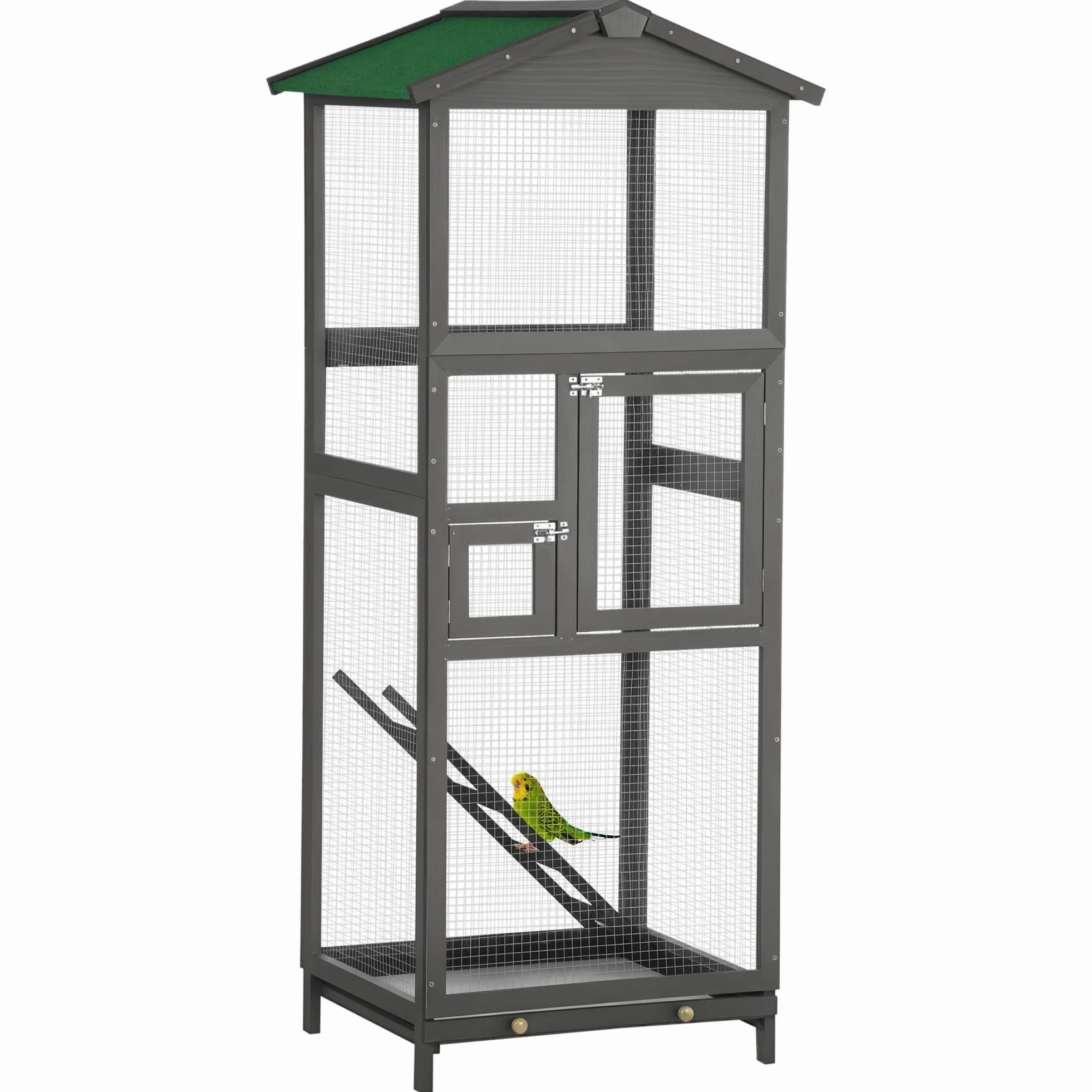 PawHut Gabbia per Uccelli in Legno di Abete e Rete Metallica, Voliera per Uccelli da Esterno con 2 Porte, Tetto in Asfalto e Vassoio Estraibile, 68x63x165 cm, Grigio Chiaro