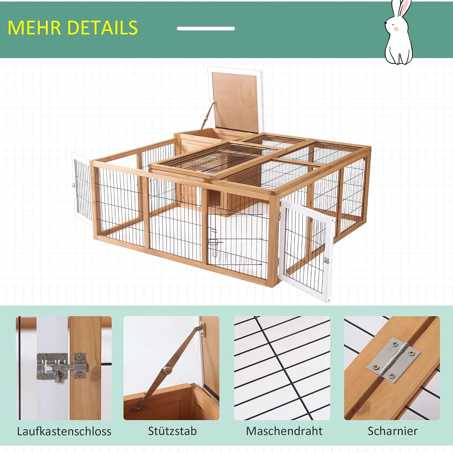 PawHut conigliera recinto per Piccoli Animali con Tetto apribile Gabbia per Piccoli Animali conigliera per porcellini d'India con recinto Esterno Resistente alle intemperie in Legno d'abete Naturale
