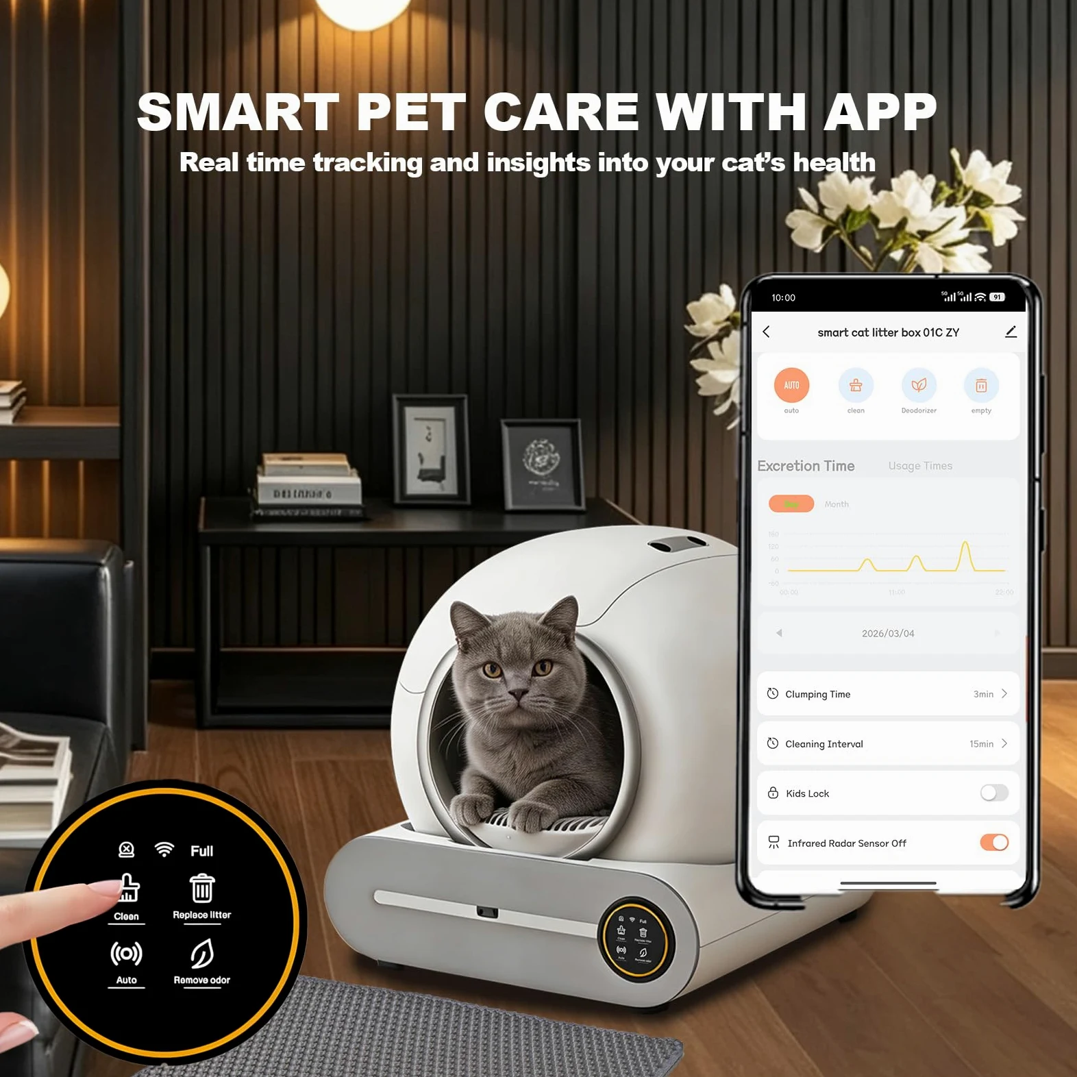 Lettiera Autopulente Per Gatti xxl 74L Lettiera Gatto Autopulente Automatica, Deodorante Ionico, Smart Health Monitor, Comando APP con tappetino e Sacchetti(Bianco A)