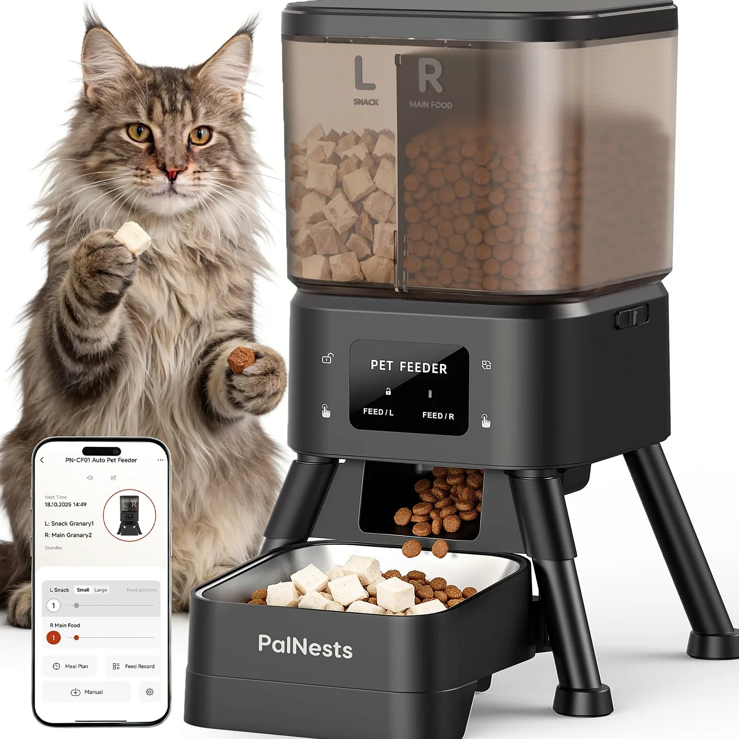 4L Distributore Automatico Cibo Gatti con Doppio Tramoggia, 5G/2.4G WiFi Intelligente Dispenser Crocchette Gatto, Controllo App, 2 Scomparto, Timer Programmabile, Ciotola in Acciaio Inox