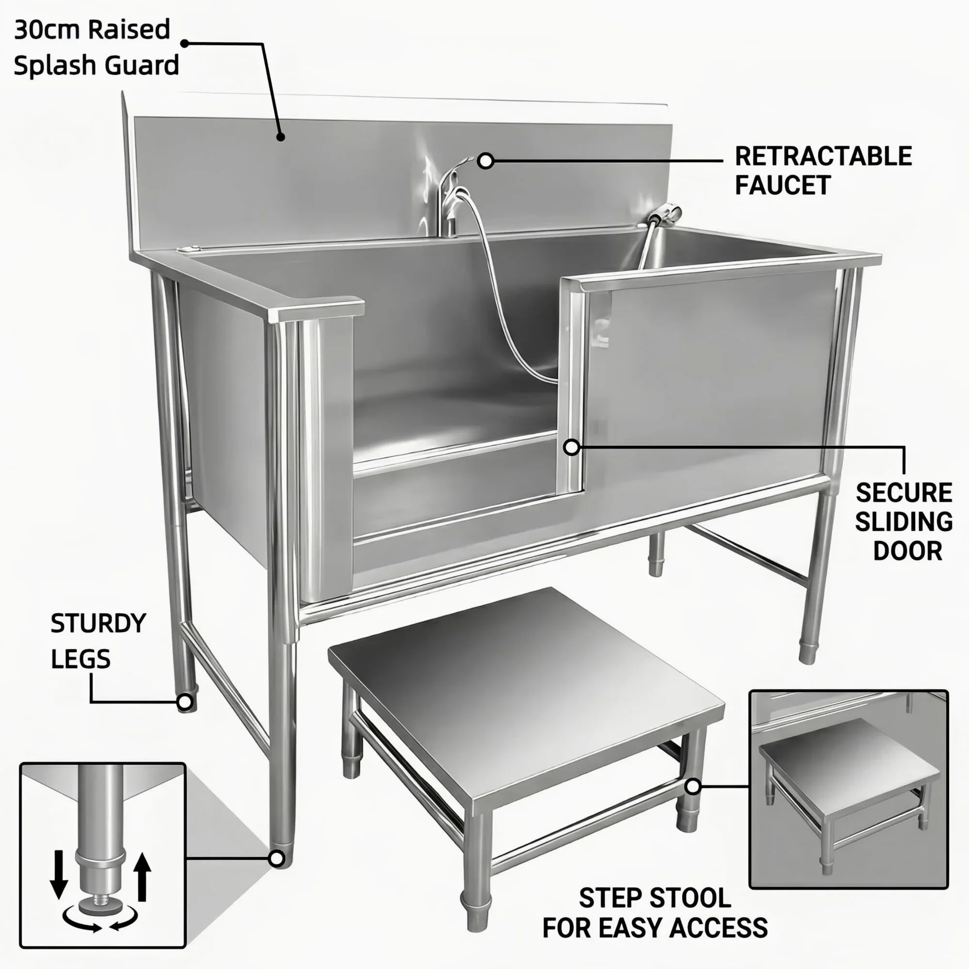 Vasca da Bagno per Cani in Acciaio Inox 304, Vasca Toelettatura Professionale con Pedana di accesso e Porta Scorrevole, Stazione Lavaggio Cani Antiscivolo con Miscelatore fino a 100 kg (47.24in)