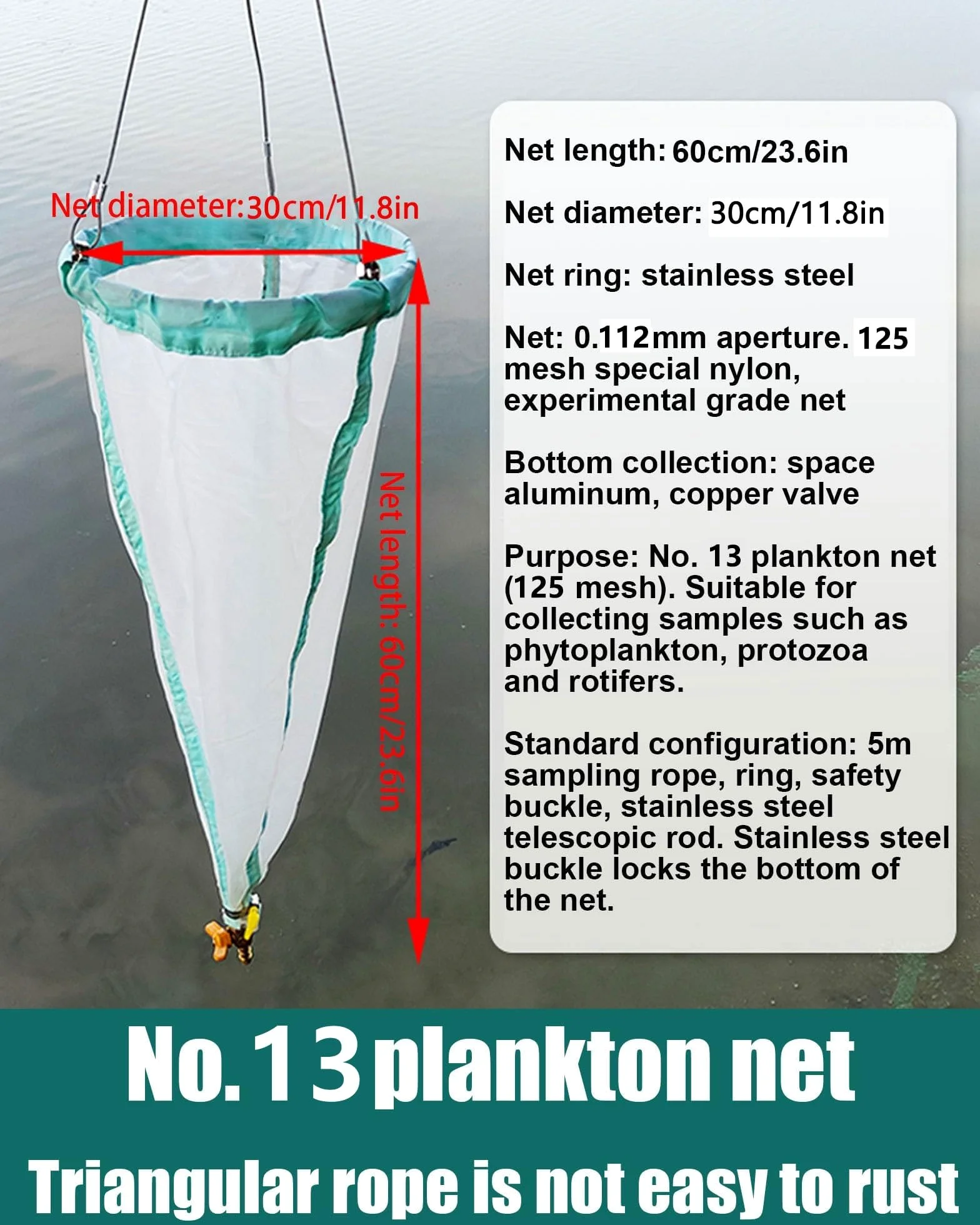 Rete for plancton a 200 maglie - 23,62 pollici di lunghezza, 11,81 pollici di diametro, apertura di 64 μm, nylon sperimentale ispessito, rete for plancton a maglia fine da 25 libbre con corda di campi