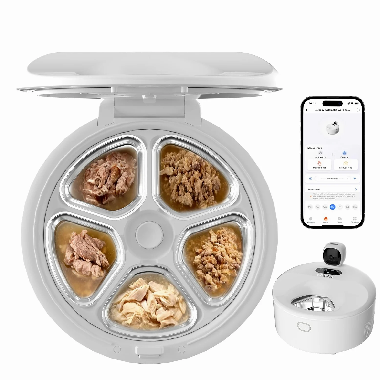 Alimentatore automatico per alimenti umidi, alimentatore automatico per gatti monitorato due in uno, alimentatore automatico refrigerato per gatti con raffreddamento a semiconduttore, 5 pasti