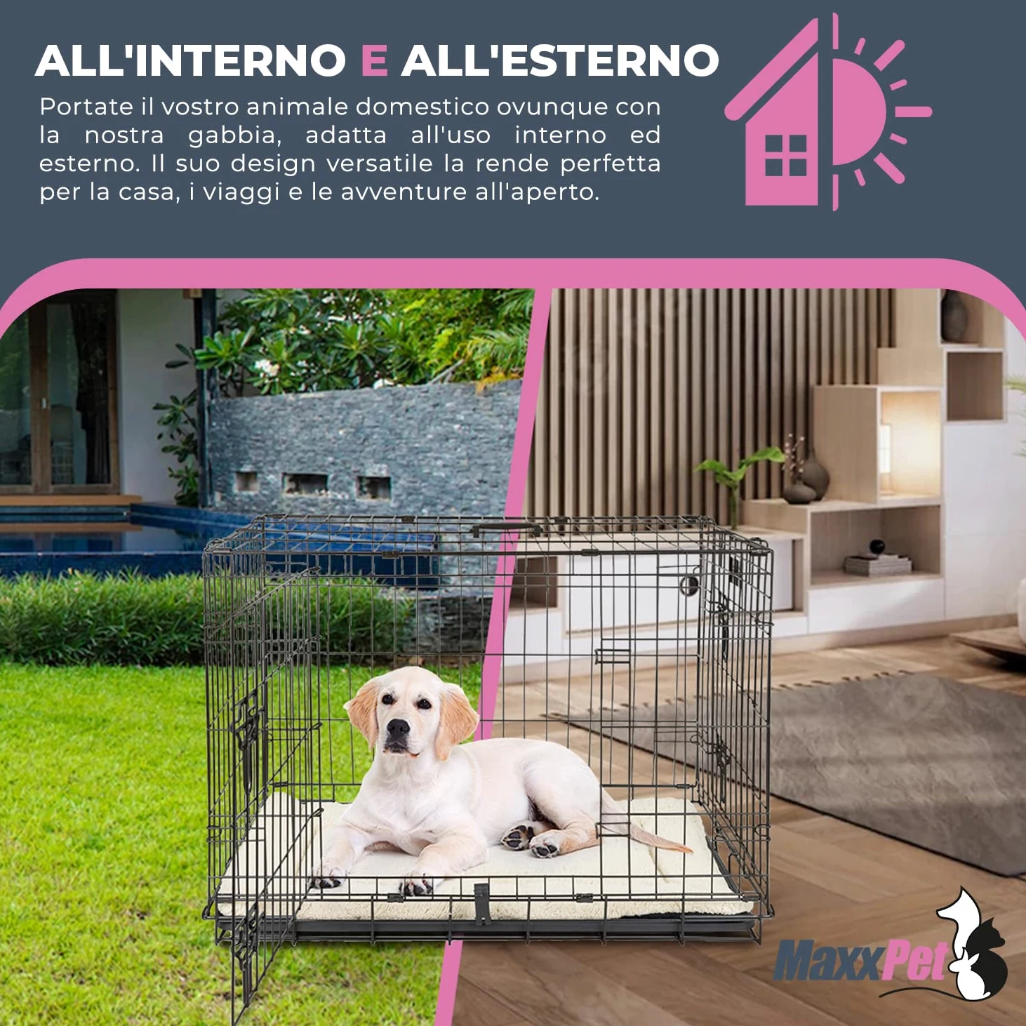 MaxxPet Gabbia Per Cane - Gabbia Cani - Con 2 Porte d’Ingresso - Pieghevole e Trasportabile - Kennel Cane Grande - Incl. cuscino per cane e ciotola - 76x48x53 cm - Nero
