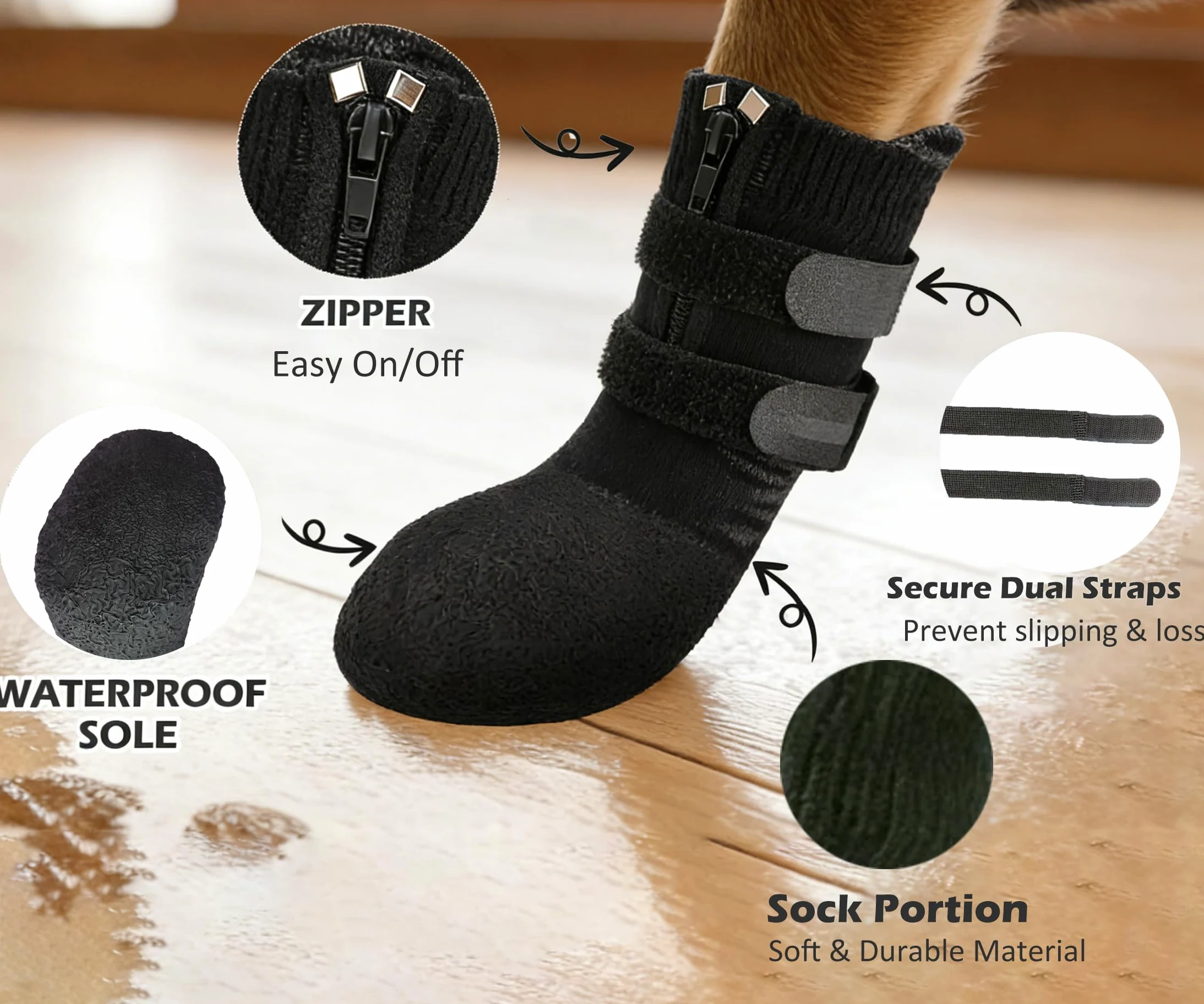Calzini antiscivolo per cani con cerniera, scarpe per cani impermeabili per evitare di leccare le zampe, giornate invernali, neve, pioggia, protezione per pavimentazione calda, per cani