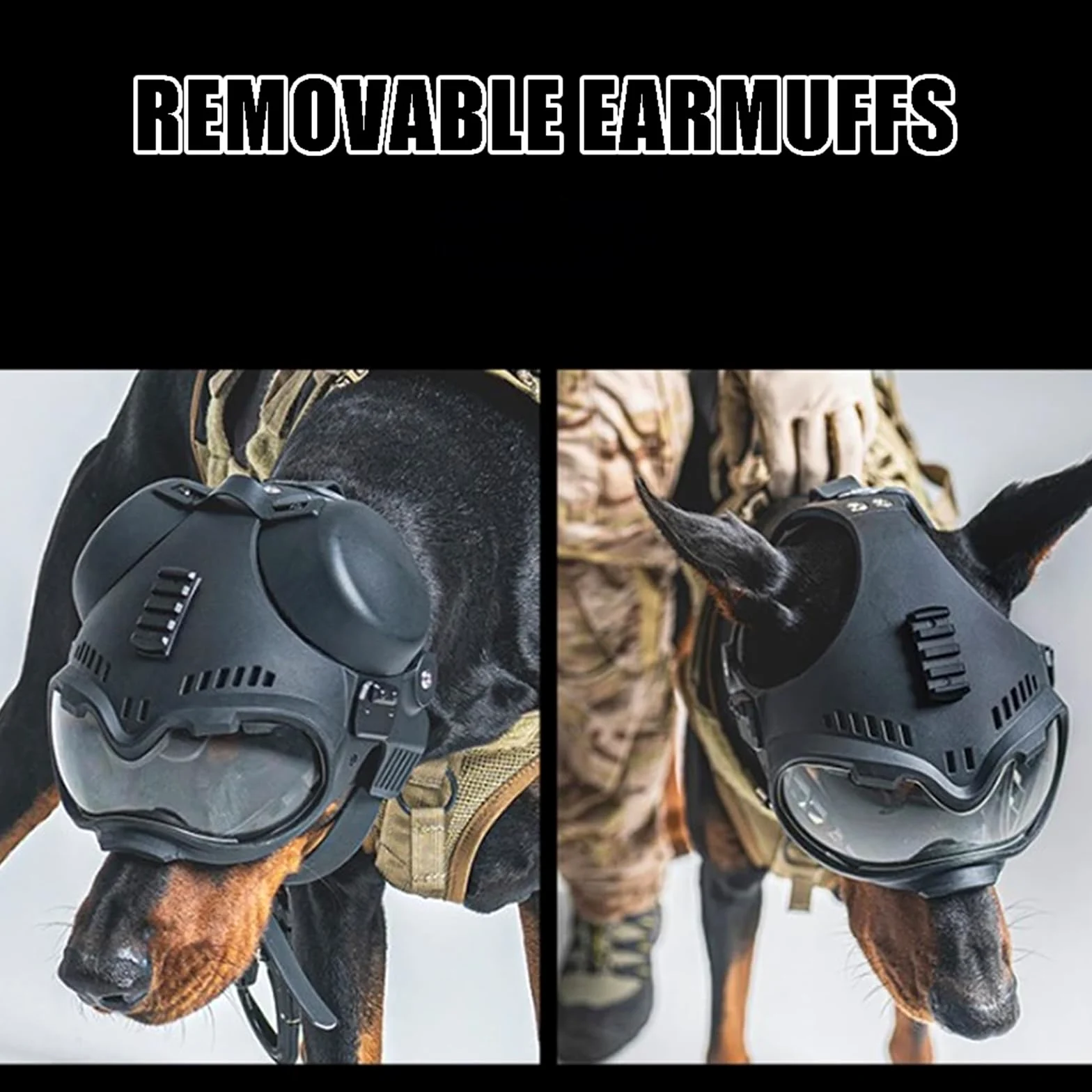Casco tattico K9 per cani con occhiali per K9 e cani da lavoro militari con protezione per le orecchie rimovibile sulla parte superiore