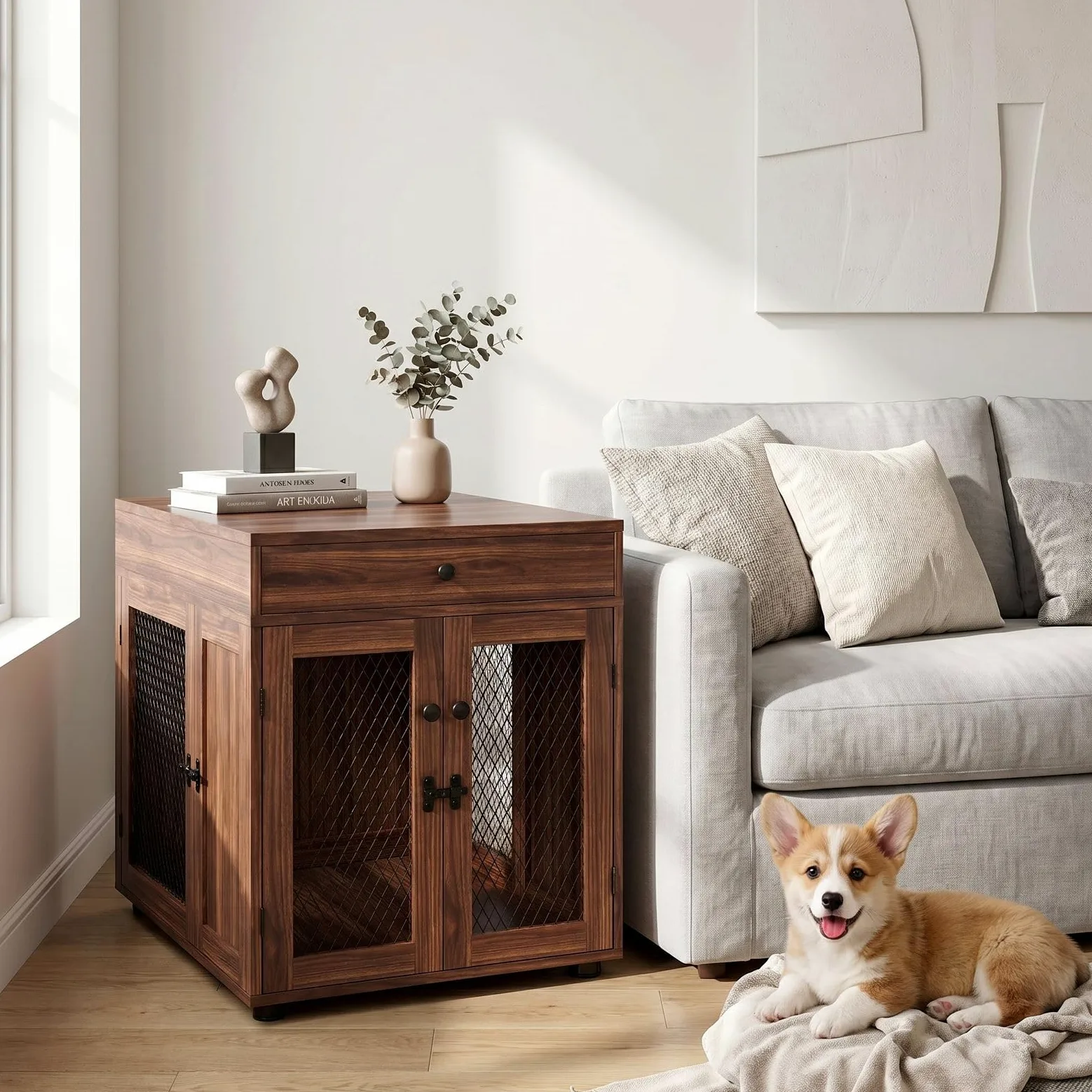 VOWNER Mobili per Cuccia per Cani, Gabbia in Legno a 3 Ante con Cassetto, Cuccia Moderna con Tavolino, 60 x 80 x 69 cm, per Cani di Piccola/Media Fno a 30 kg, Marrone Noce