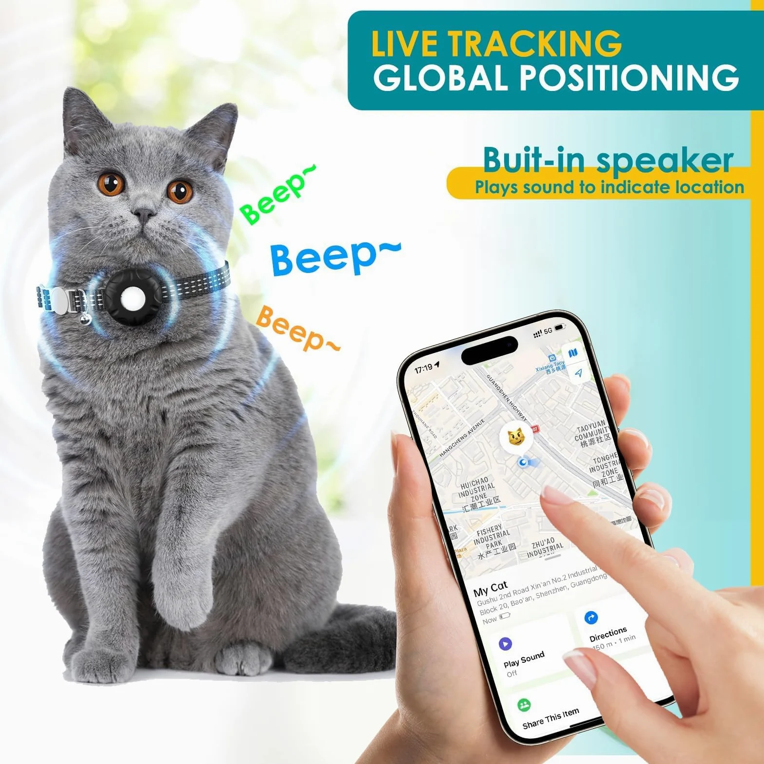 Localizzatore GPS per gatti, impermeabile, per gatti, con fibbia elastica di sicurezza, funziona con qualsiasi collare, compatibile con Apple Find My App (solo iOS), senza canone mensile, nero