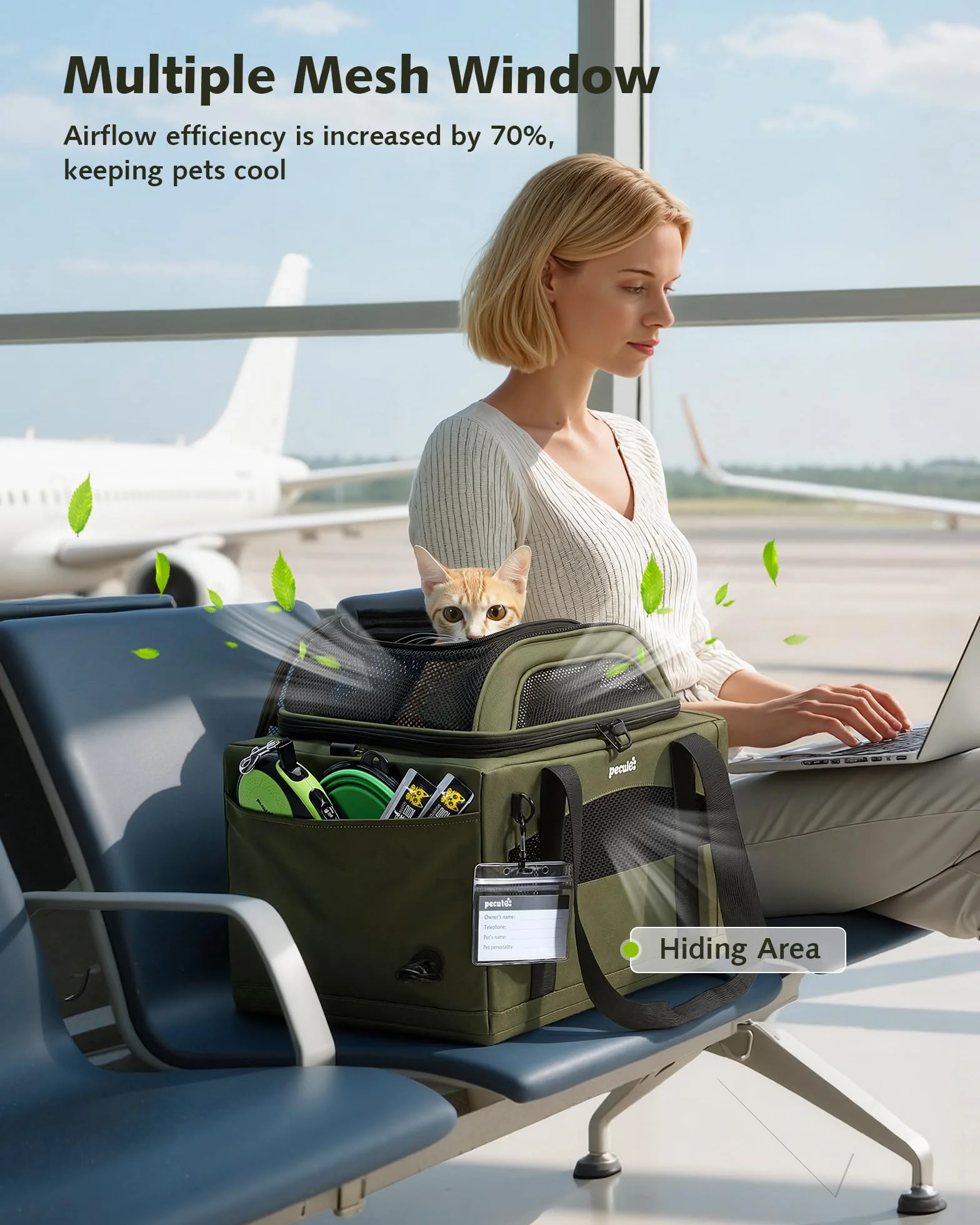 Pecute Trasportino per gatti espandibile, approvato dalle compagnie aeree, con estensione superiore, comodo, in rete sui 4 lati, approvato TSA e IATA, impermeabile, Verde