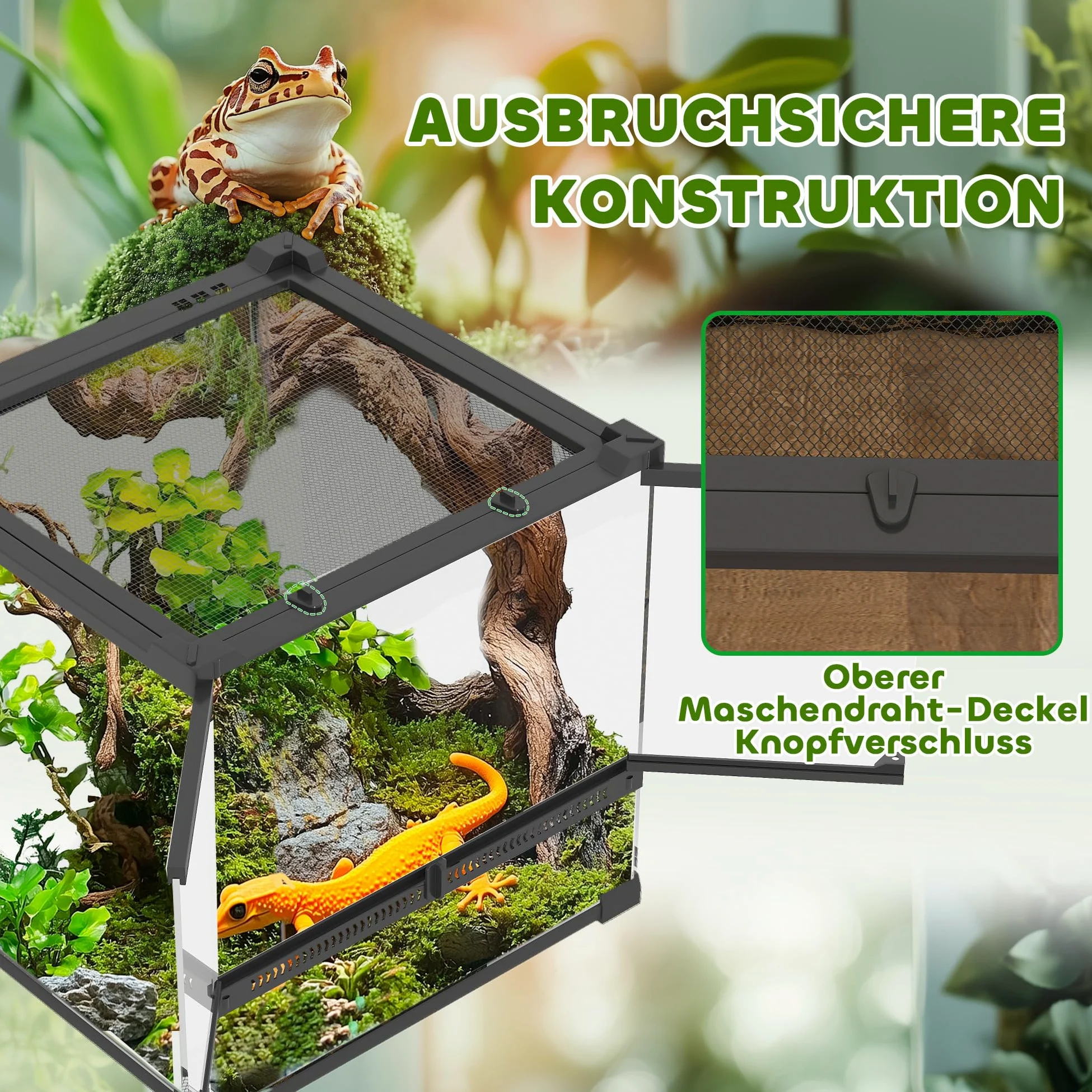 PawHut Terrario per rettili, terrario in vetro, 24 l, contenitore di alimentazione rettile, con ventilazione frontale, tappo a vite per anfibi ragno, nero, 30 x 30 x 30 x 30 cm