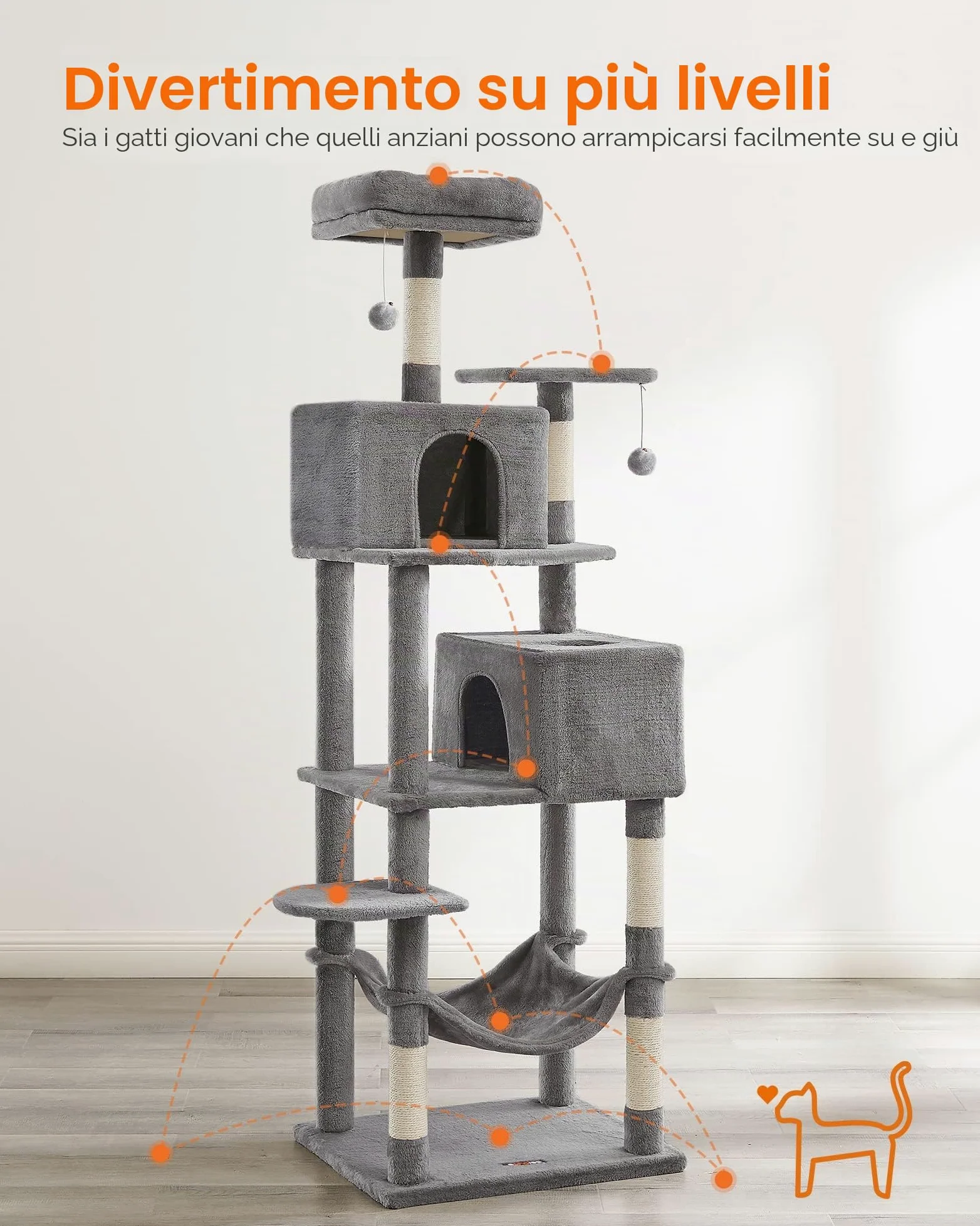 Feandrea Albero per Gatti Alto 191 cm, Tiragraffi per Gatti con 5 Pali Graffiatoi, 2 Posatoi, 2 Grotte, Amaca, 2 Pompon, in Peluche a Più Livelli, Grigio Chiaro PCT191W01
