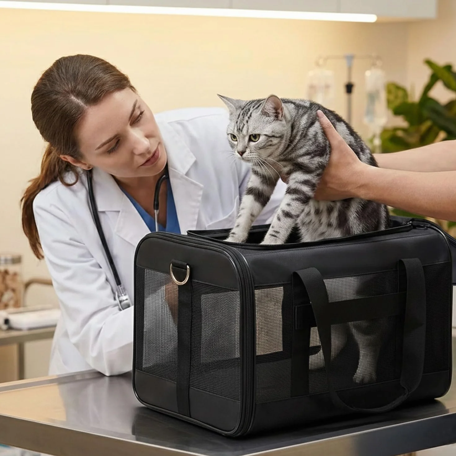 Conlun Trasportino per gatti approvato, Trasportino morbido con guinzaglio interno, Per gatti e cuccioli fino a 7 kg, Borsa da viaggio pieghevole -Nero,M