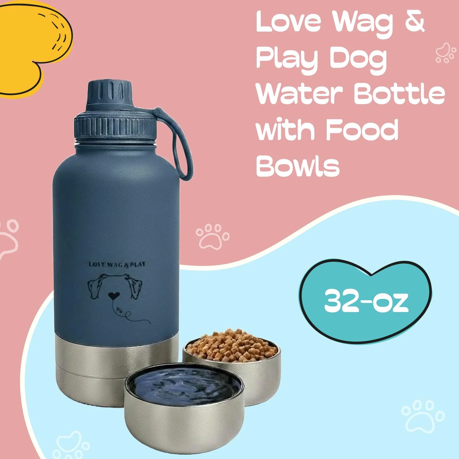 LOVE WAG & PLAY Borraccia per cani da 32 once – Borraccia portatile 2 in 1 per animali domestici, con ciotole integrate, a prova di perdite, senza BPA, per escursioni, passeggiate, uso esterno (blu
