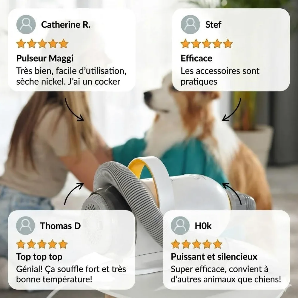 MUGGI Pulsore per cani 2 in 1 con funzione aspirapolvere peli di cane, asciugacapelli, 3200 W, 7 velocità caldo/freddo, anioni antistatiche, silenziose, tubo estensibile, 4 ugelli inclusi