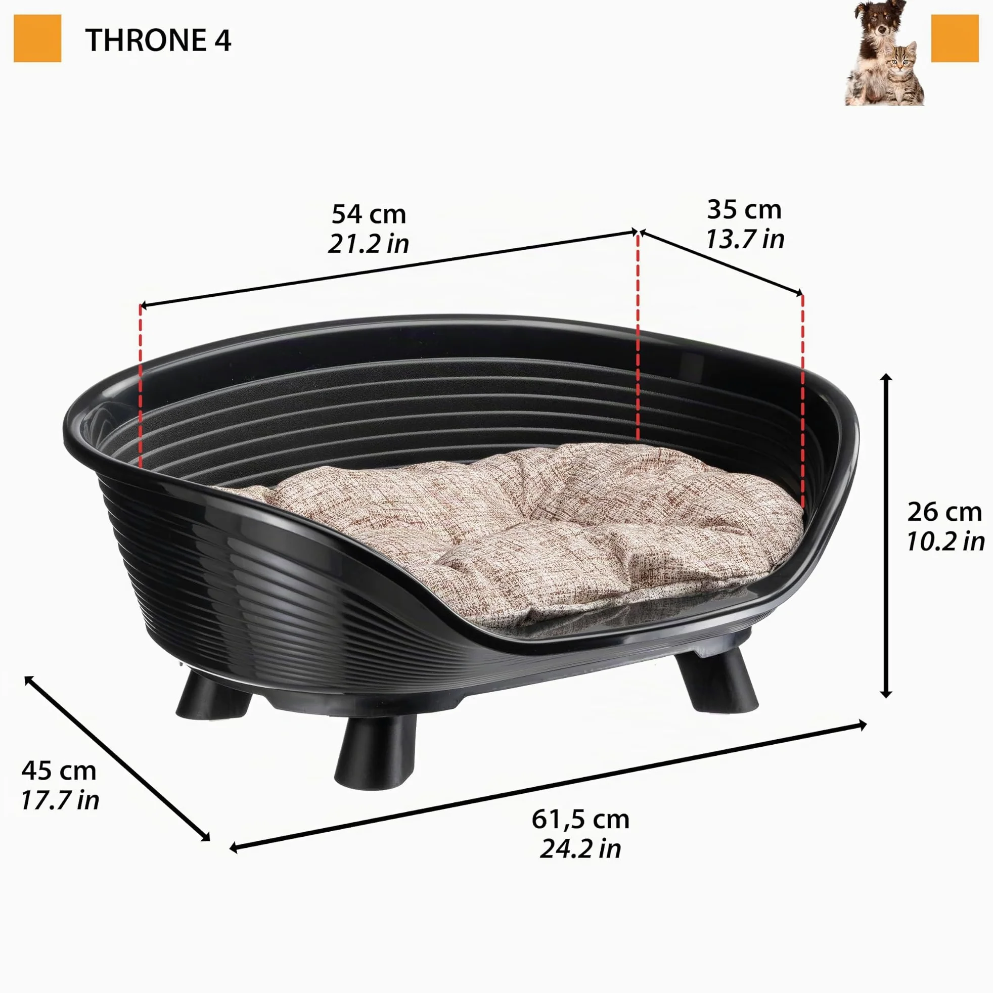 Ferplast Cuccia Cane e Gatto con Cuscino in Cotone, Cuccia Rialzata, Lettino per Cani Gatti da Interno, Traspirante e Antiscivolo, THRONE 61,5 x 45 x h 26 cm, Nero