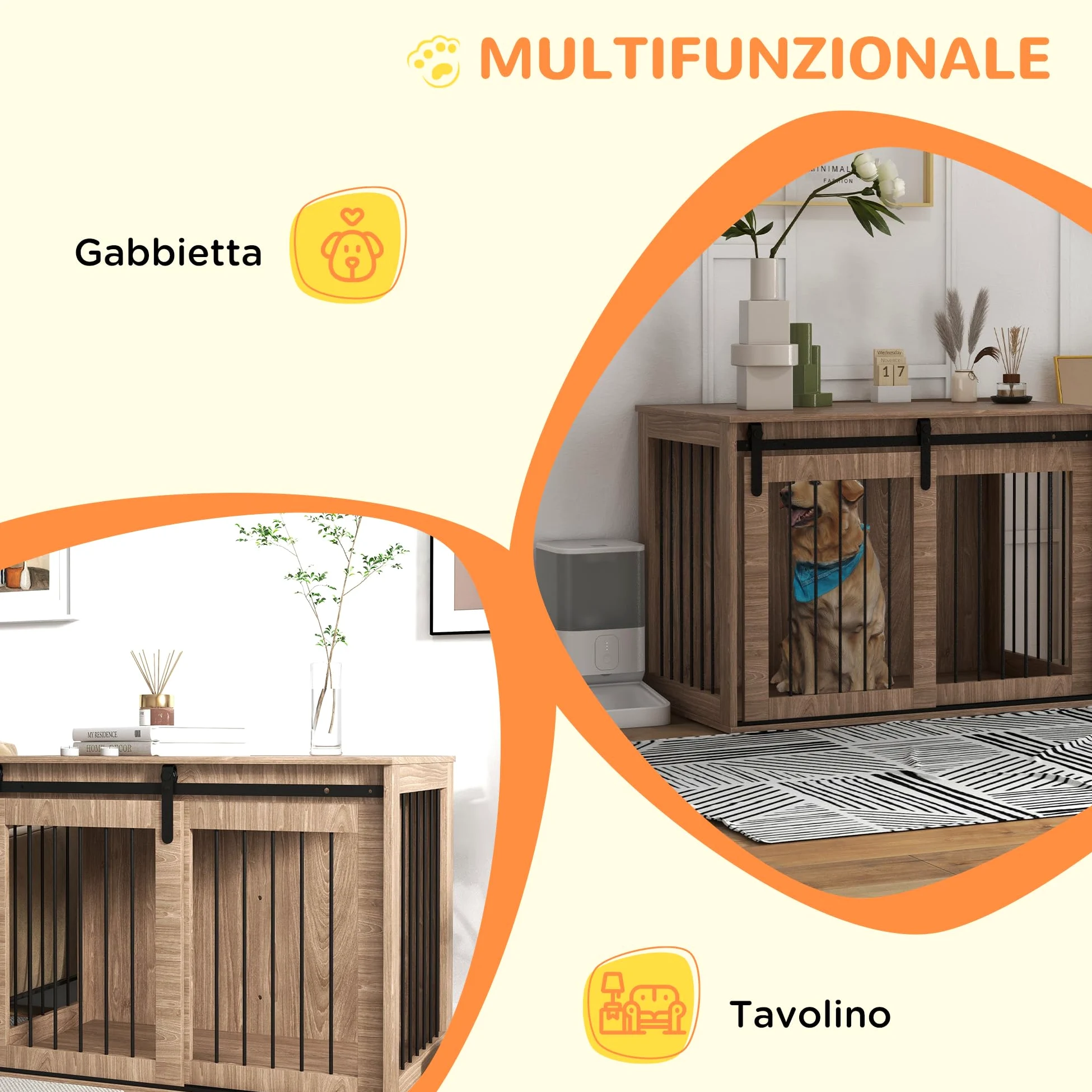 PawHut Casetta per Cani Grandi in Legno per Interno, Kennel per Cani Multiuso con Porta Scorrevole, 98x58x61 cm, Marrone