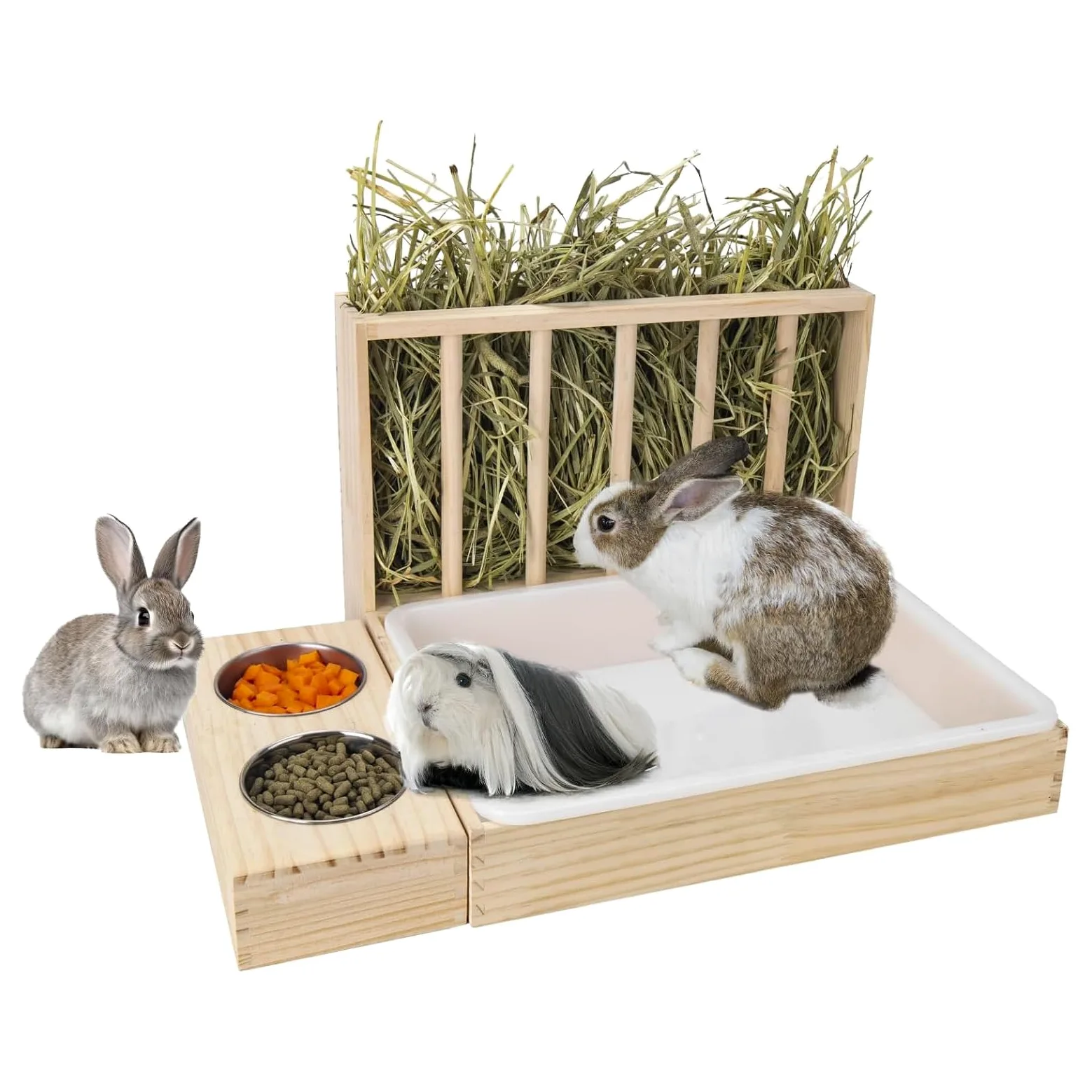 Luqeeg Mangiatoia per Fieno in Legno per Conigli, 3 in 1 Mangiatoia per Fieno per Animali Porta Cibo per Erba con Lettiera e 2 Ciotole per Porcellini D'india, Cincillà